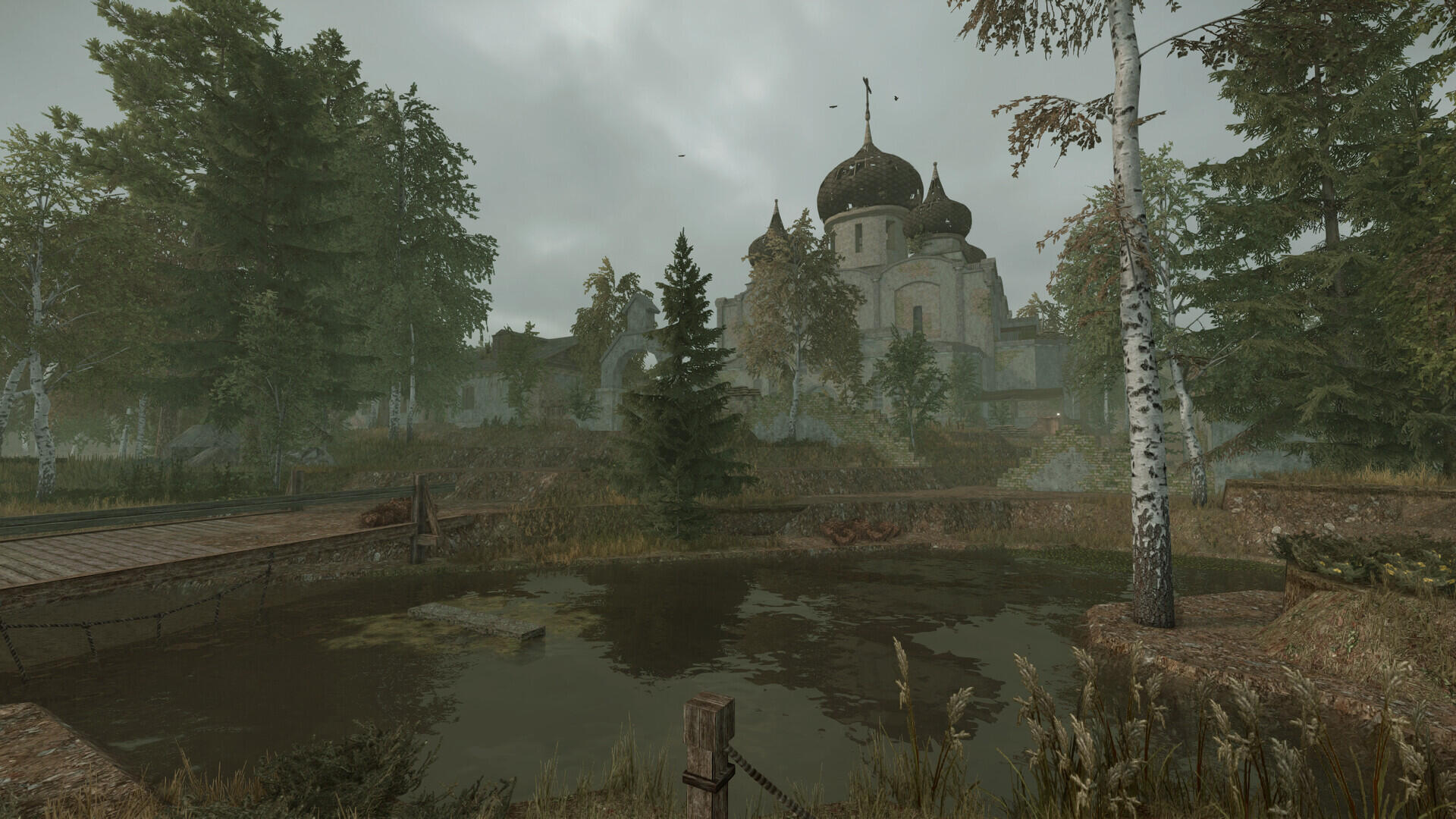 HD PC desktop wallpaper from the video game STALCRAFT: X, featuring a misty forest scene with a reflective pond and a distant cathedral under a cloudy sky.