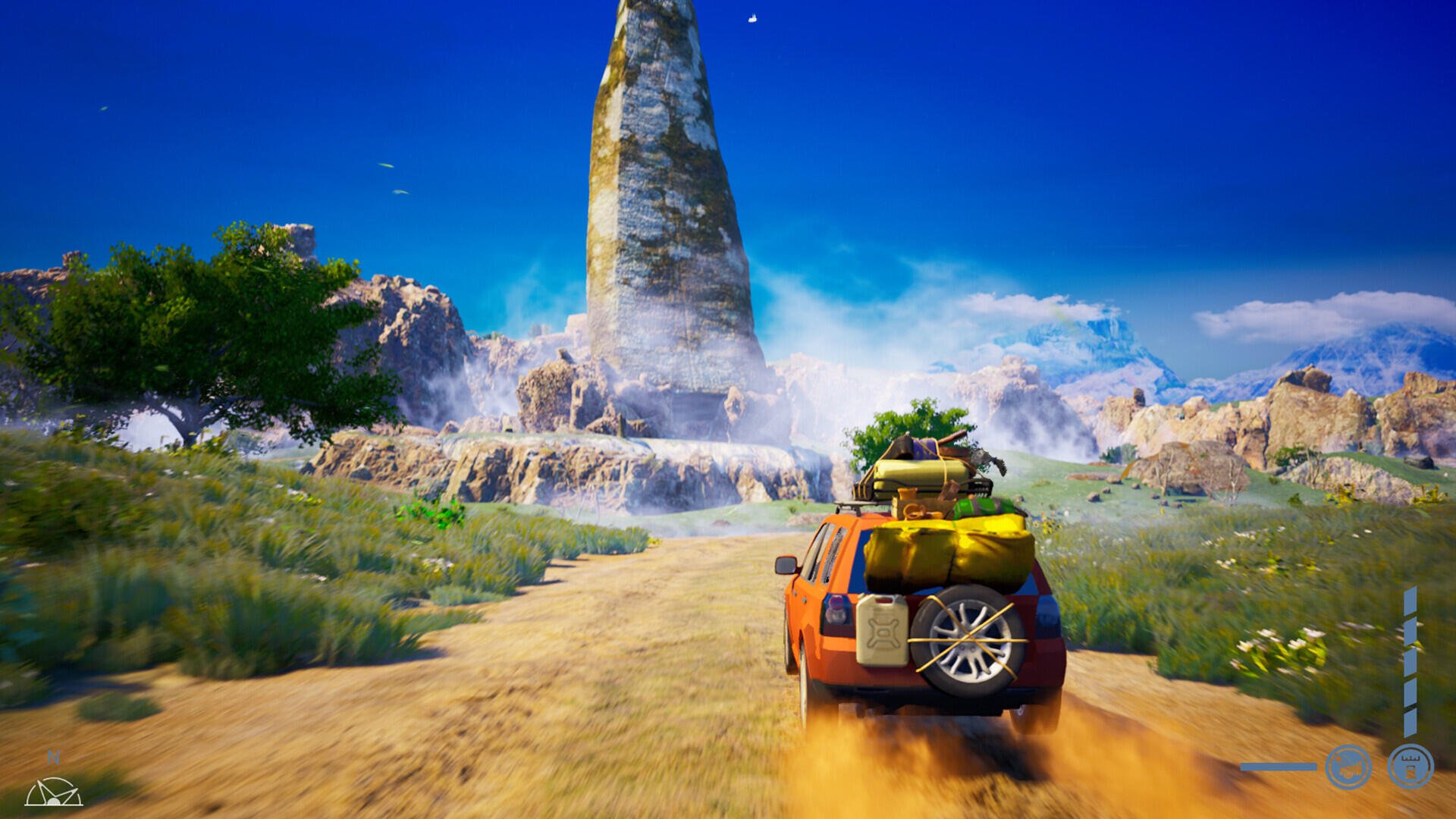 A vibrant HD wallpaper from the video game Albatroz, featuring a vehicle driving down a dusty road toward a towering rock formation under a clear blue sky.