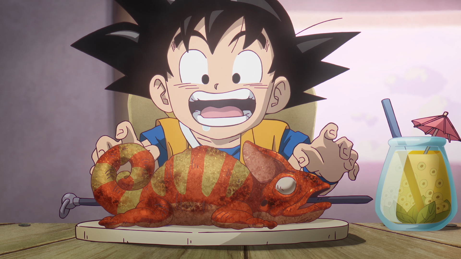 Anime-style HD PC desktop wallpaper featuring Goku from Dragon Ball DAIMA excitedly reaching toward a roasted creature on a plate beside a glass of juice.
