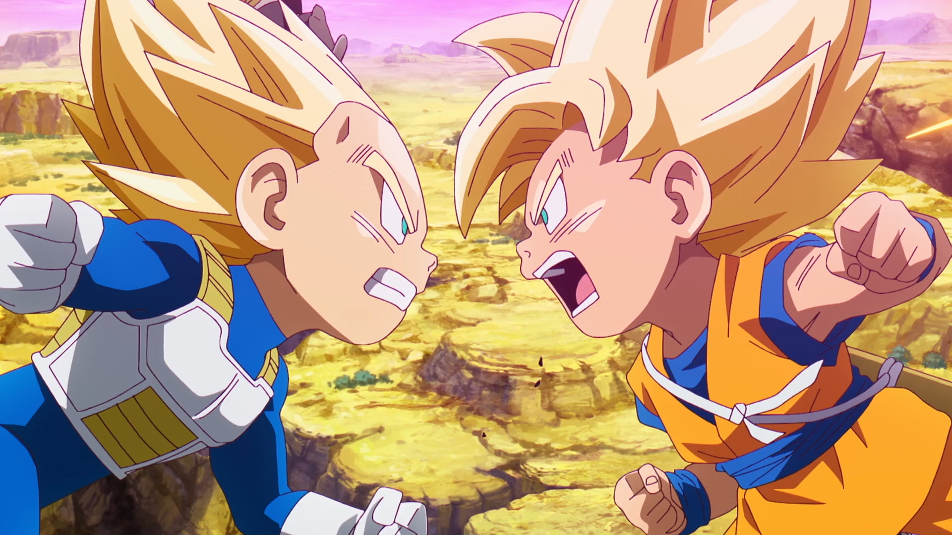 HD anime wallpaper featuring Dragon Ball DAIMA characters Goku and Vegeta in their Super Saiyan forms, facing off intensely with a vibrant landscape background.
