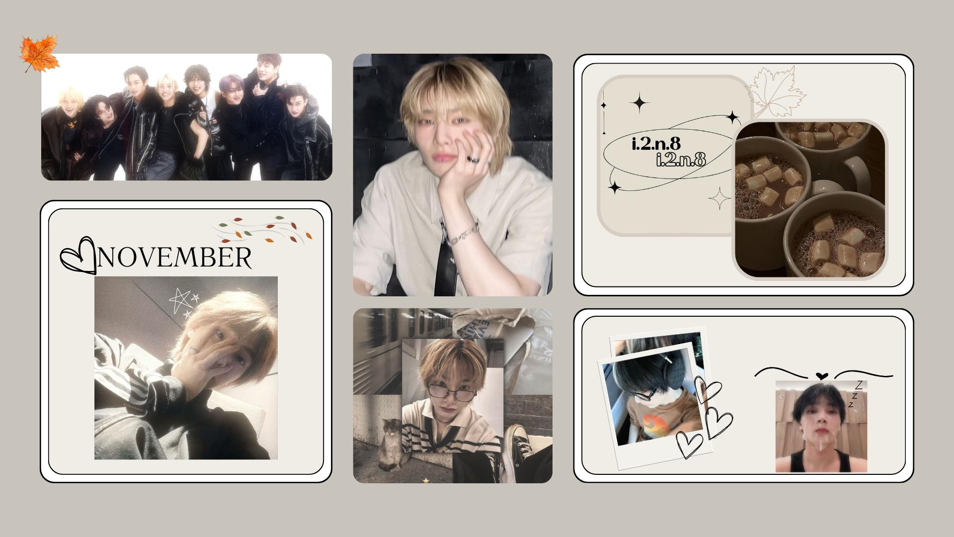 HD PC desktop wallpaper featuring Stray Kids members in various casual and candid moments with a soft, warm color palette and minimalist design elements.