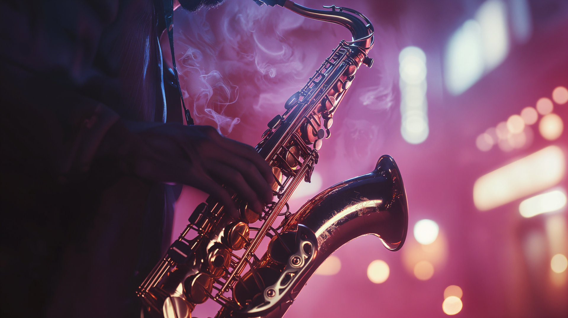A vibrant close-up of a saxophone, surrounded by colorful lights and mist, capturing the essence of jazz. This 4K Ultra HD wallpaper adds a dynamic touch to any desktop.