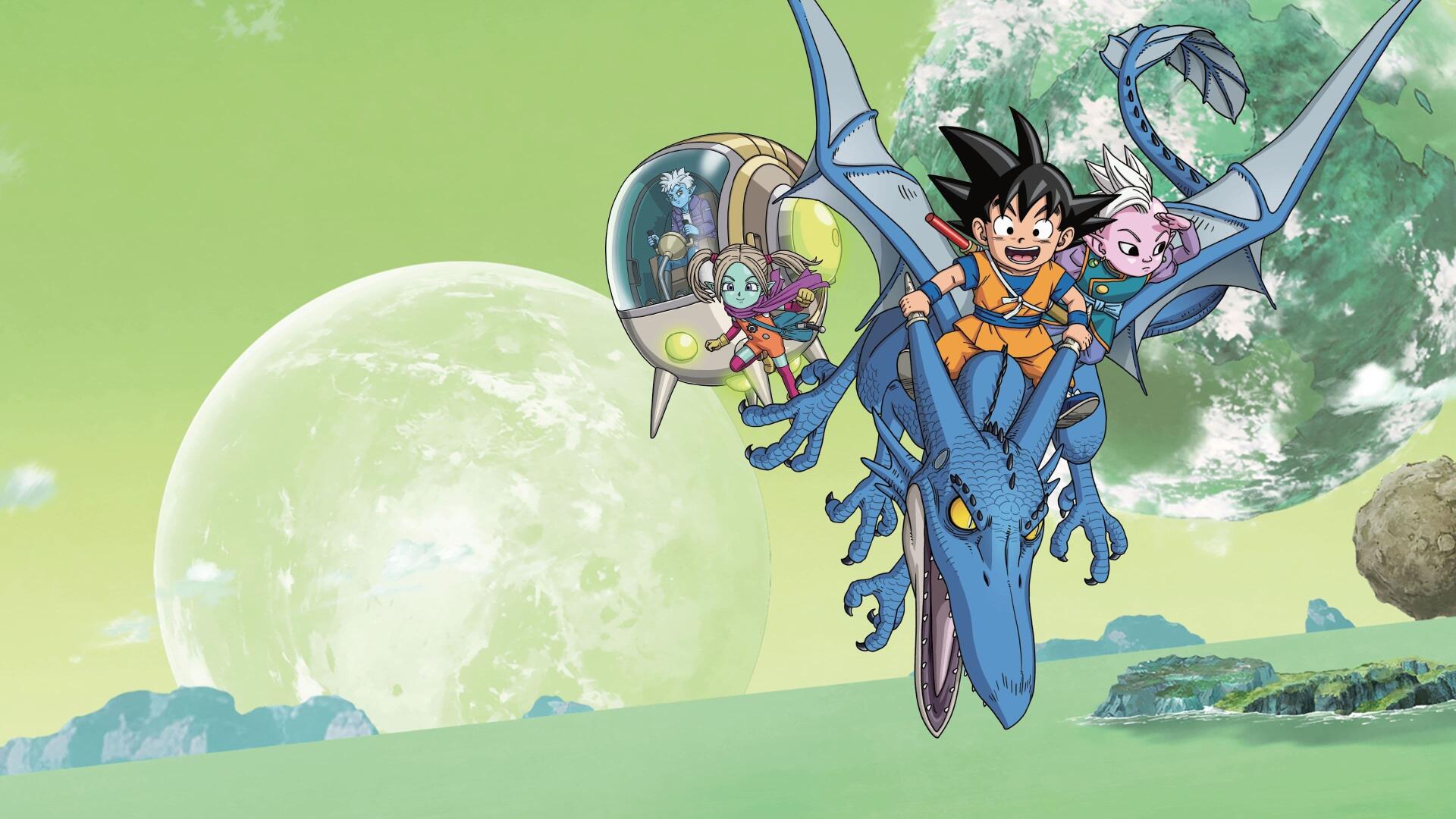 Dragon Ball DAIMA characters flying with a blue dragon against a green sky and large moon, rendered in 4K Ultra HD for PC desktop wallpaper and background.
