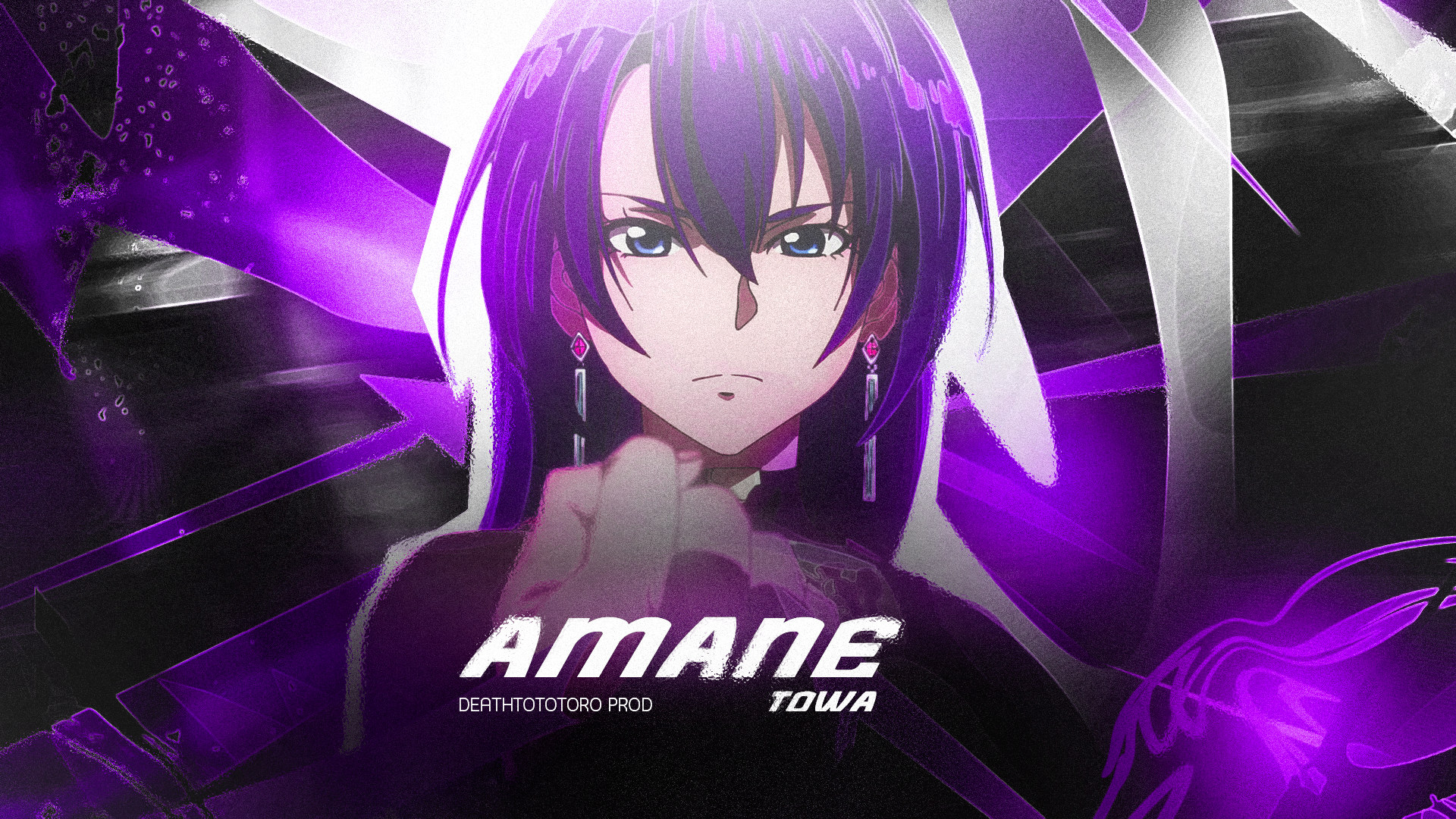 HD PC desktop wallpaper of Amane Towa from Shangri-la Frontier, featuring her intense gaze and vibrant purple highlights.