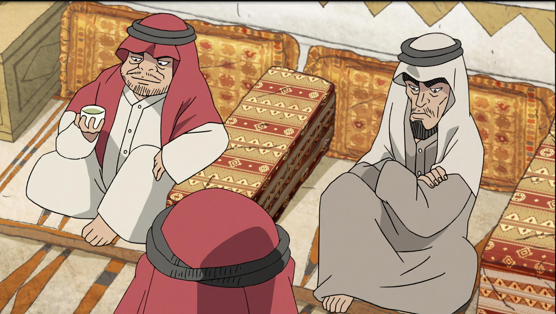 Anime scene featuring two elderly men in traditional attire, seated on ornate cushions, engaging in conversation within a folktale setting. High-definition PC desktop wallpaper background.