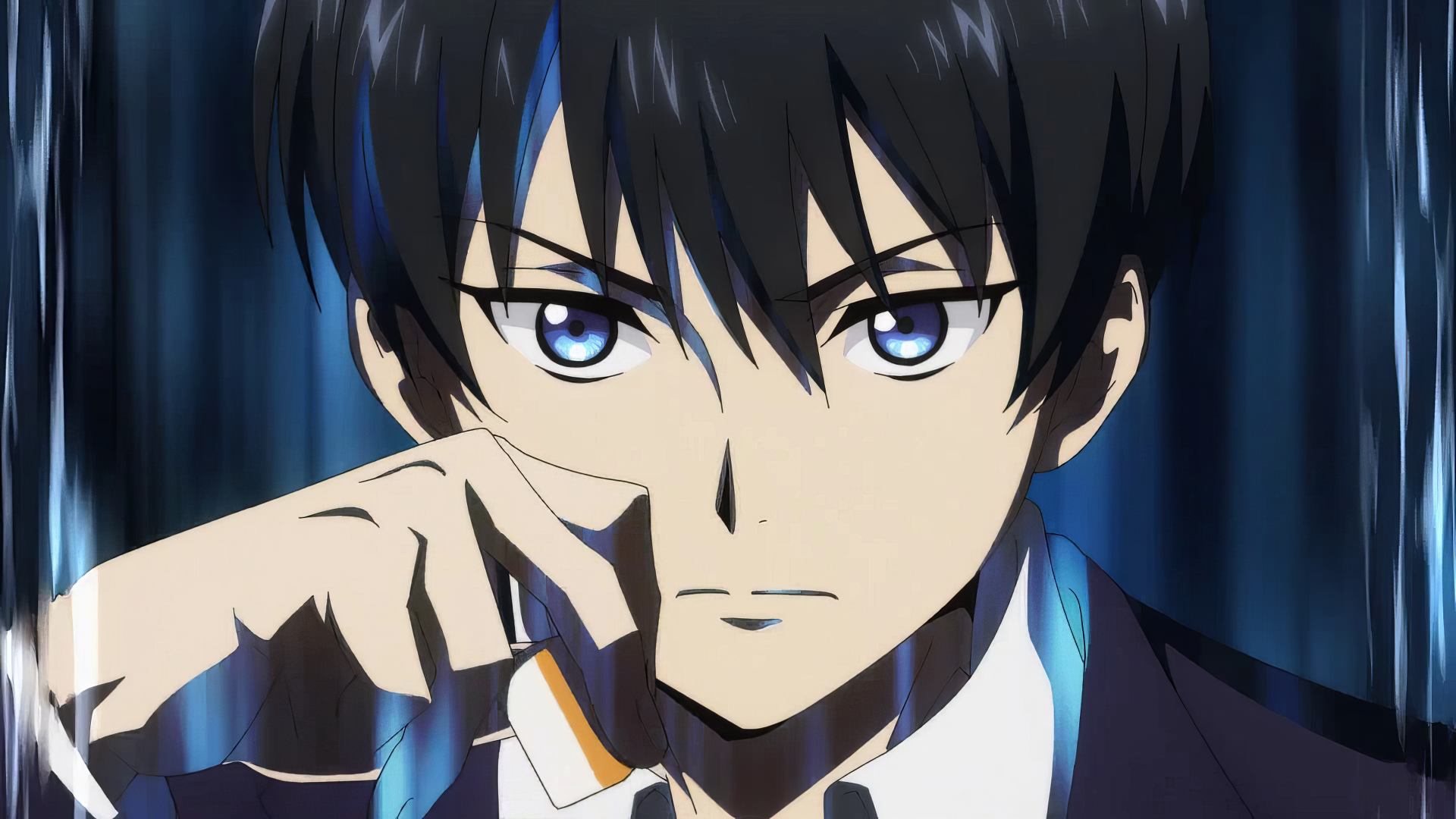 HD wallpaper featuring Kei from the anime Touhai: Ura Rate Mahjong Touhai Roku, showcasing a contemplative expression against a dynamic background.