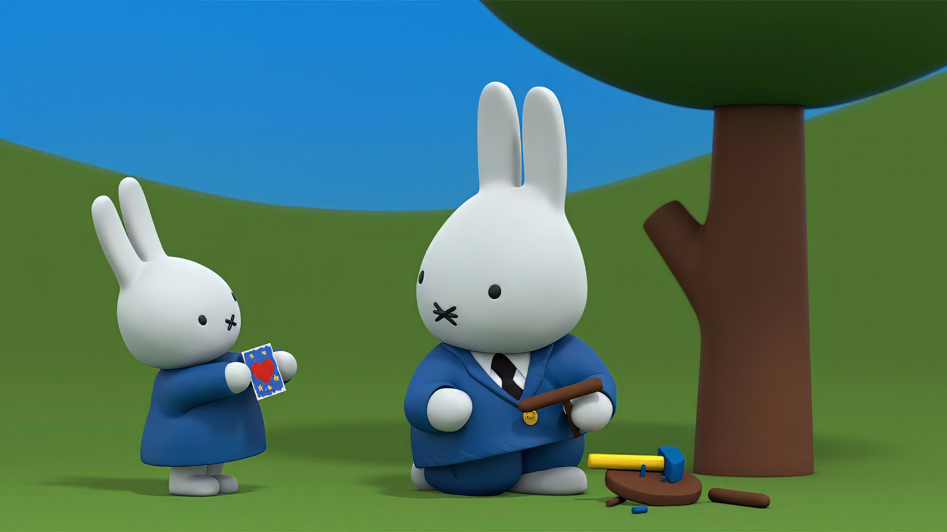 Miffy and a friend are dressed in blue suits, engaging in a playful scene with tools beside a tree, set against a bright blue sky. An engaging HD PC Desktop Wallpaper and Background.
