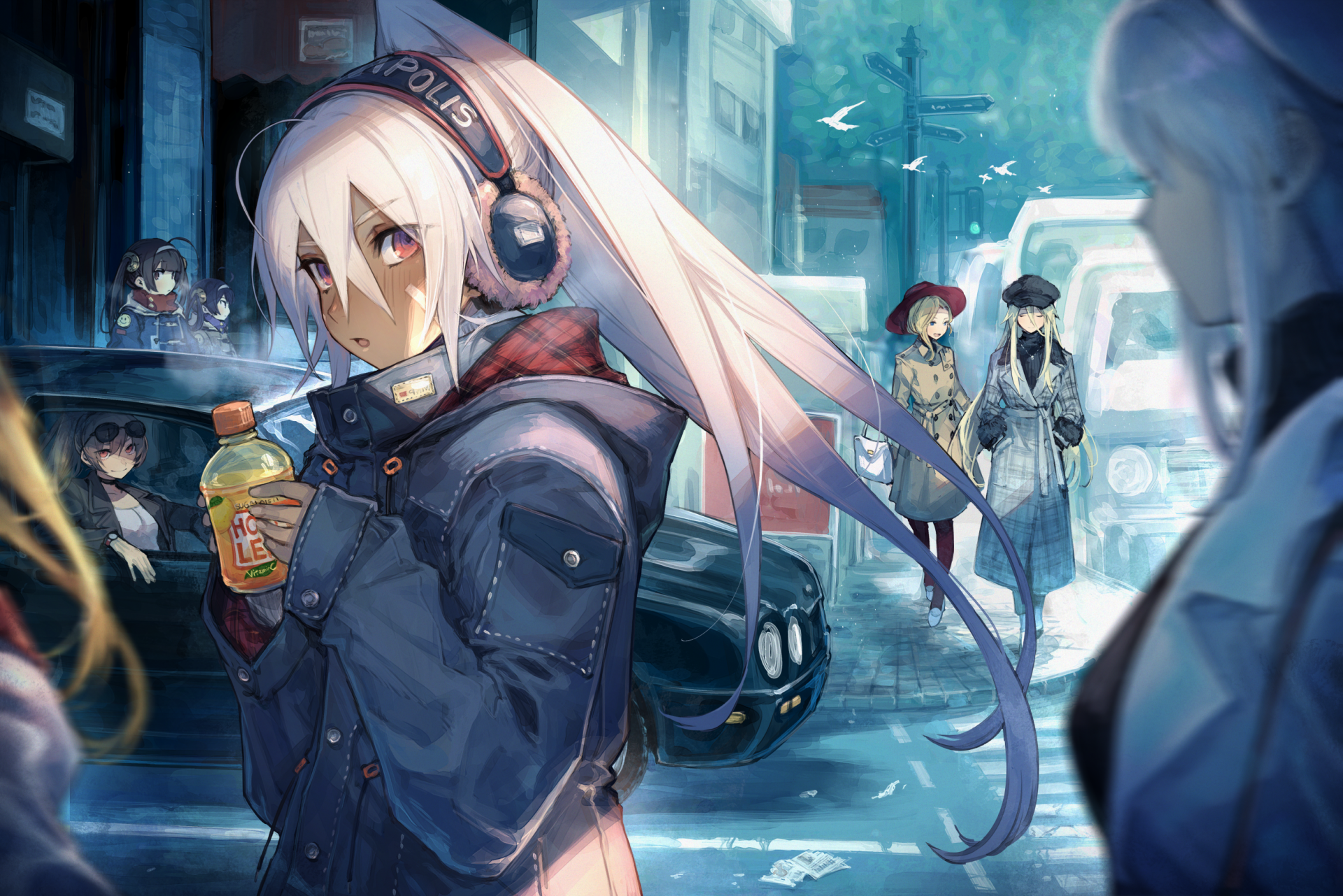 A vibrant HD wallpaper featuring characters from Azur Lane, including Minneapolis, Ning Hai, and Ping Hai, set against a bustling urban background with a moody atmosphere.