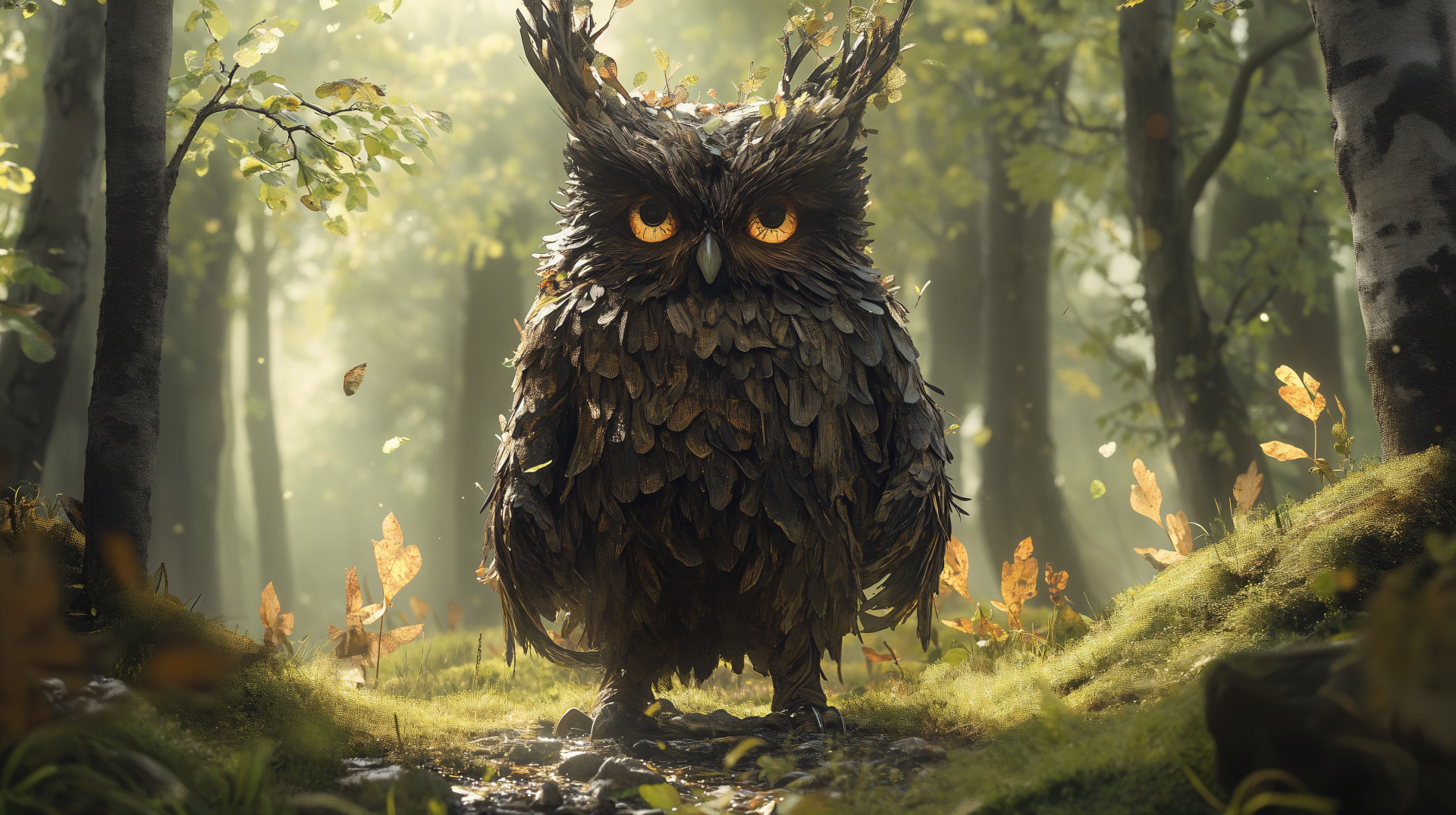A majestic, leaf-covered owl stands in a serene woodland, surrounded by soft lighting and gentle foliage, in this stunning 4K Ultra HD fantasy desktop wallpaper.
