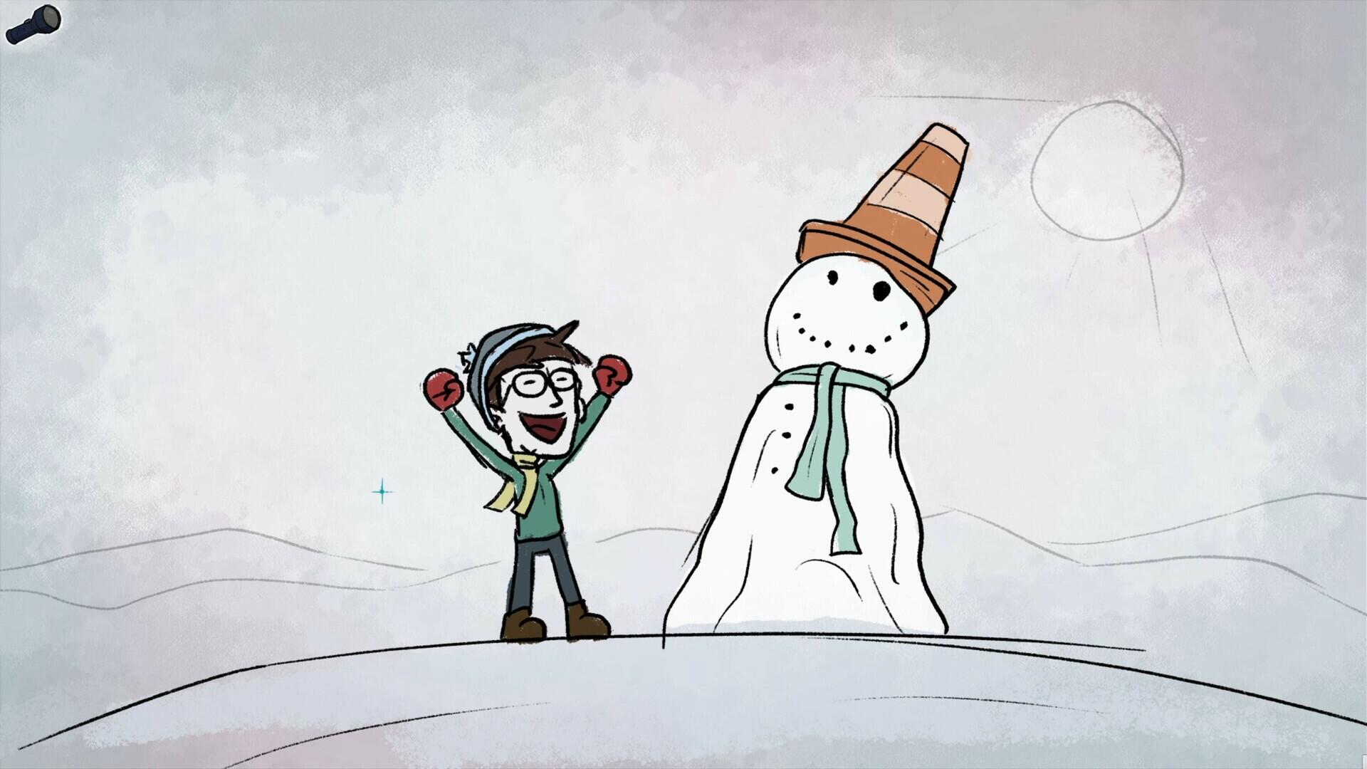 A cheerful character celebrates beside a snowman wearing a traffic cone hat in this HD PC desktop wallpaper from the video game Mindlock - The Apartment.