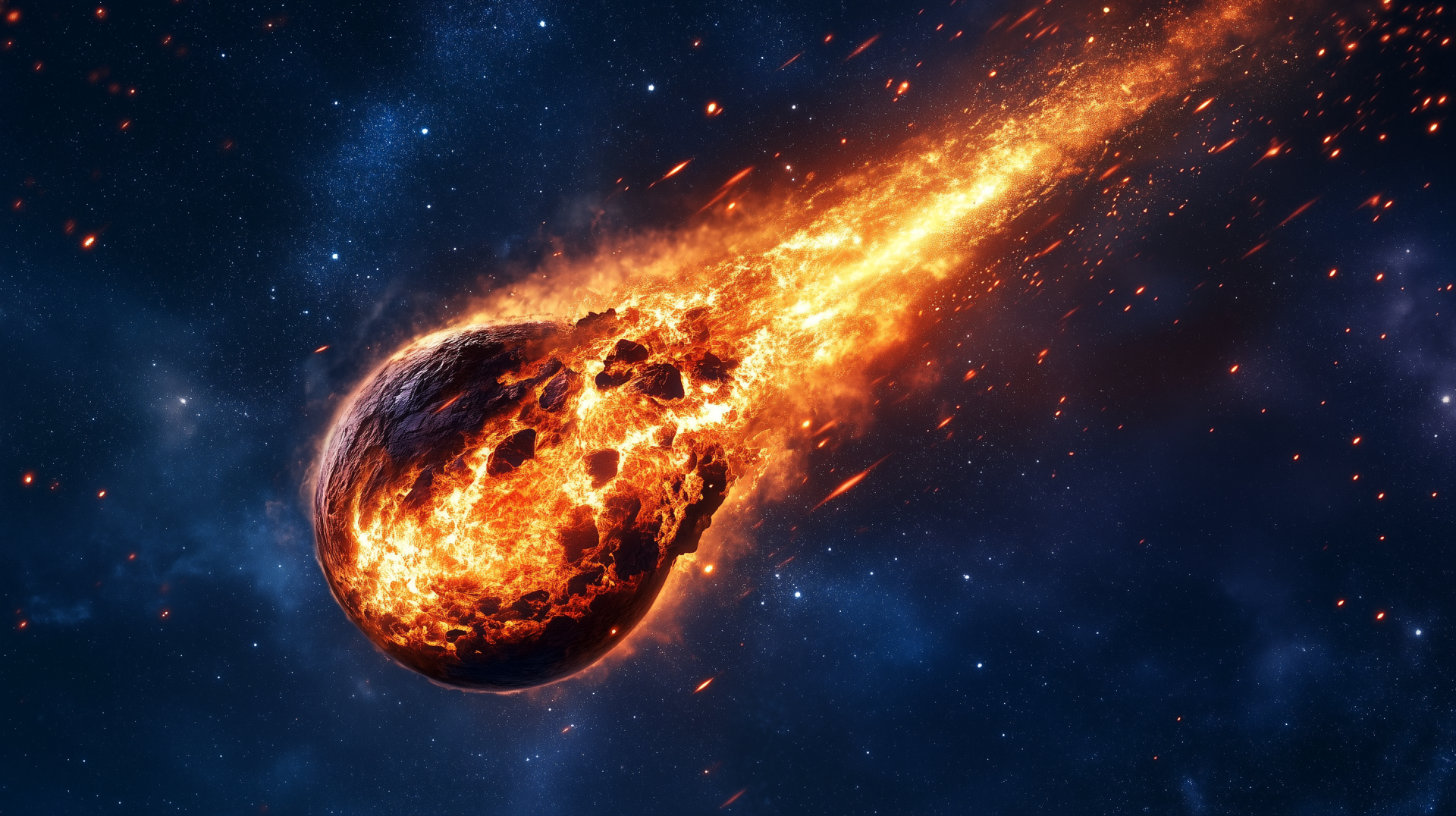 HD PC desktop wallpaper of a fiery meteor colliding with a planet in deep space, depicting dramatic planet destruction amidst a starry cosmic background.