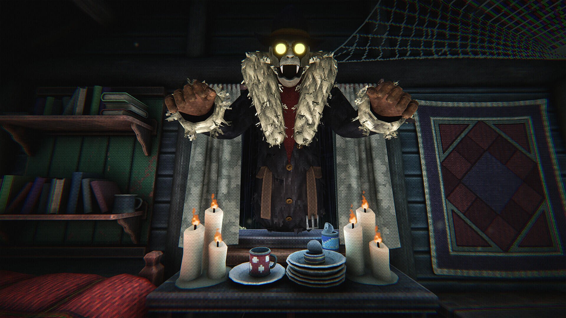 A haunting scene from the video game Is this Game Trying to Kill Me? features a ghostly figure with glowing eyes, surrounded by candles and eerie decor, set in an atmospheric room.