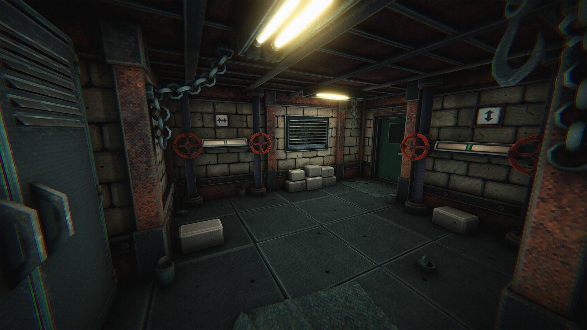 HD PC desktop wallpaper featuring a dimly lit industrial room with exposed brick walls and metal details, embodying the eerie atmosphere of the video game Is this Game Trying to Kill Me?