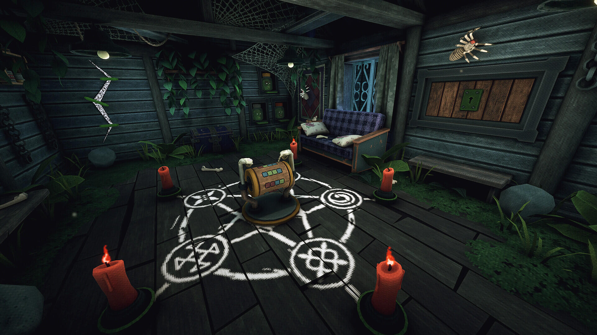 A dark, atmospheric room features a mysterious device surrounded by glowing candles and intricate symbols, evoking a sense of danger in the game Is this Game Trying to Kill Me?.