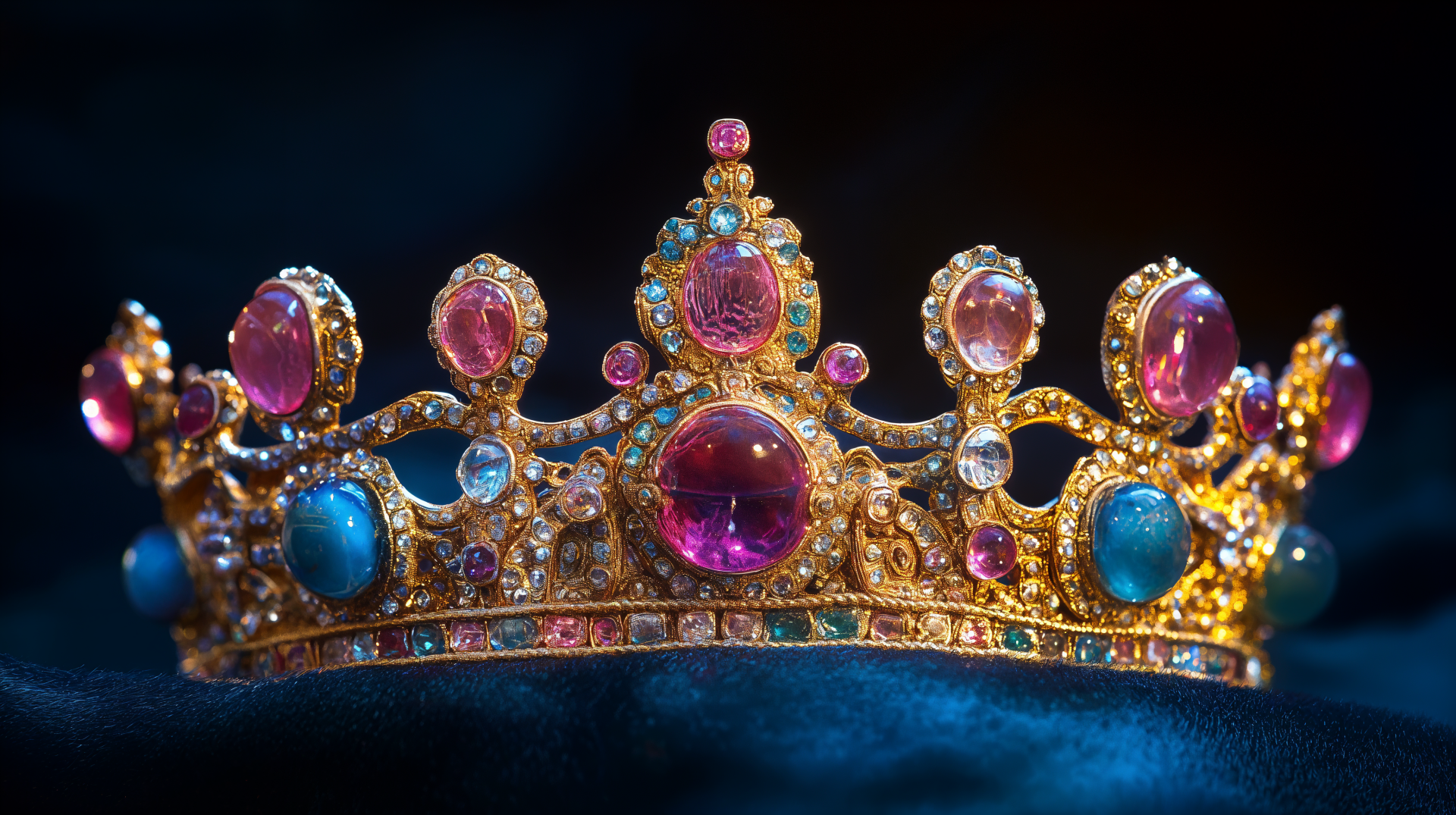 A beautifully crafted princess crown adorned with pink and blue gemstones, set against a dark background, serving as an elegant 4K Ultra HD desktop wallpaper.