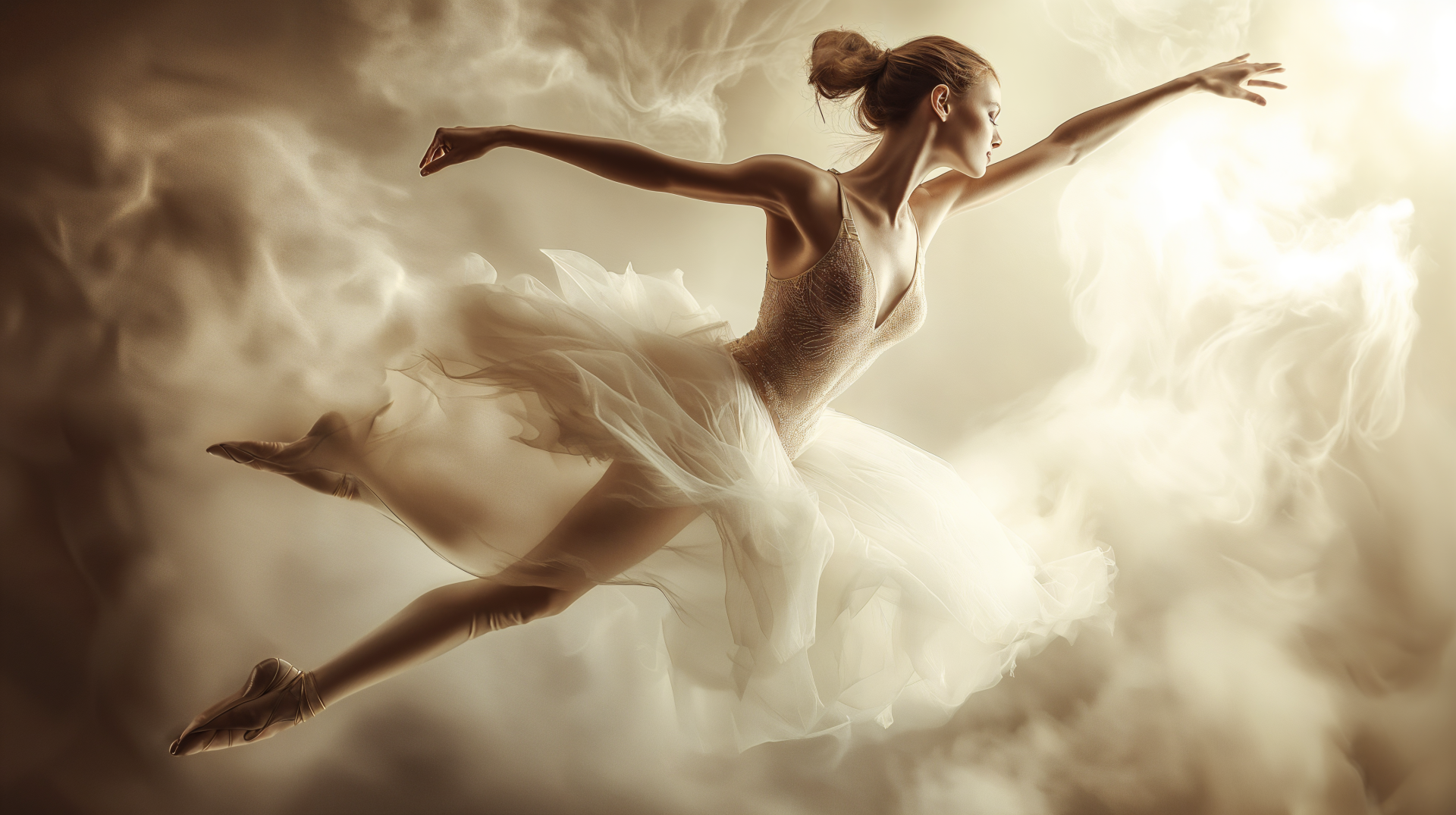 A graceful ballerina leaps through a cloud of mist, showcasing elegance and movement in this stunning 4K Ultra HD ballet wallpaper and background.