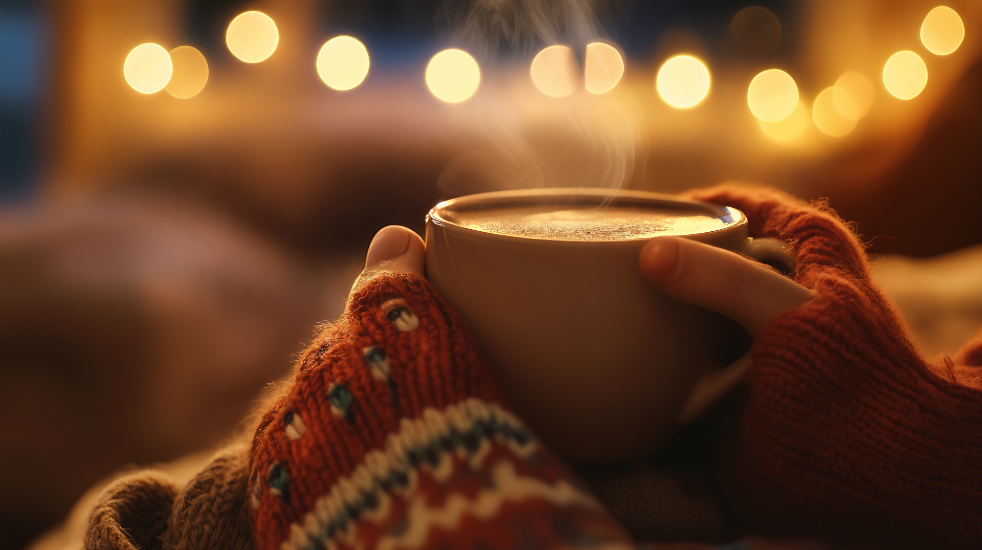 A cozy scene featuring hands wrapped in knitted gloves holding a steaming cup of coffee, with warm lights glowing softly in the background. A 4K Ultra HD wallpaper.