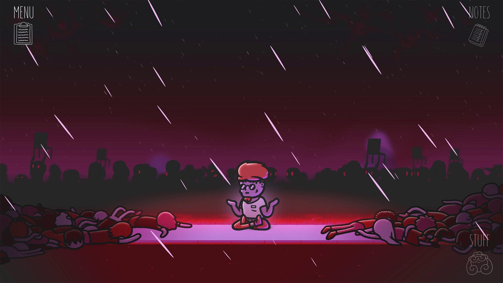 A vibrant HD desktop wallpaper featuring a character from the video game Mindcop, set against a dark, rain-soaked cityscape with fallen figures around them.