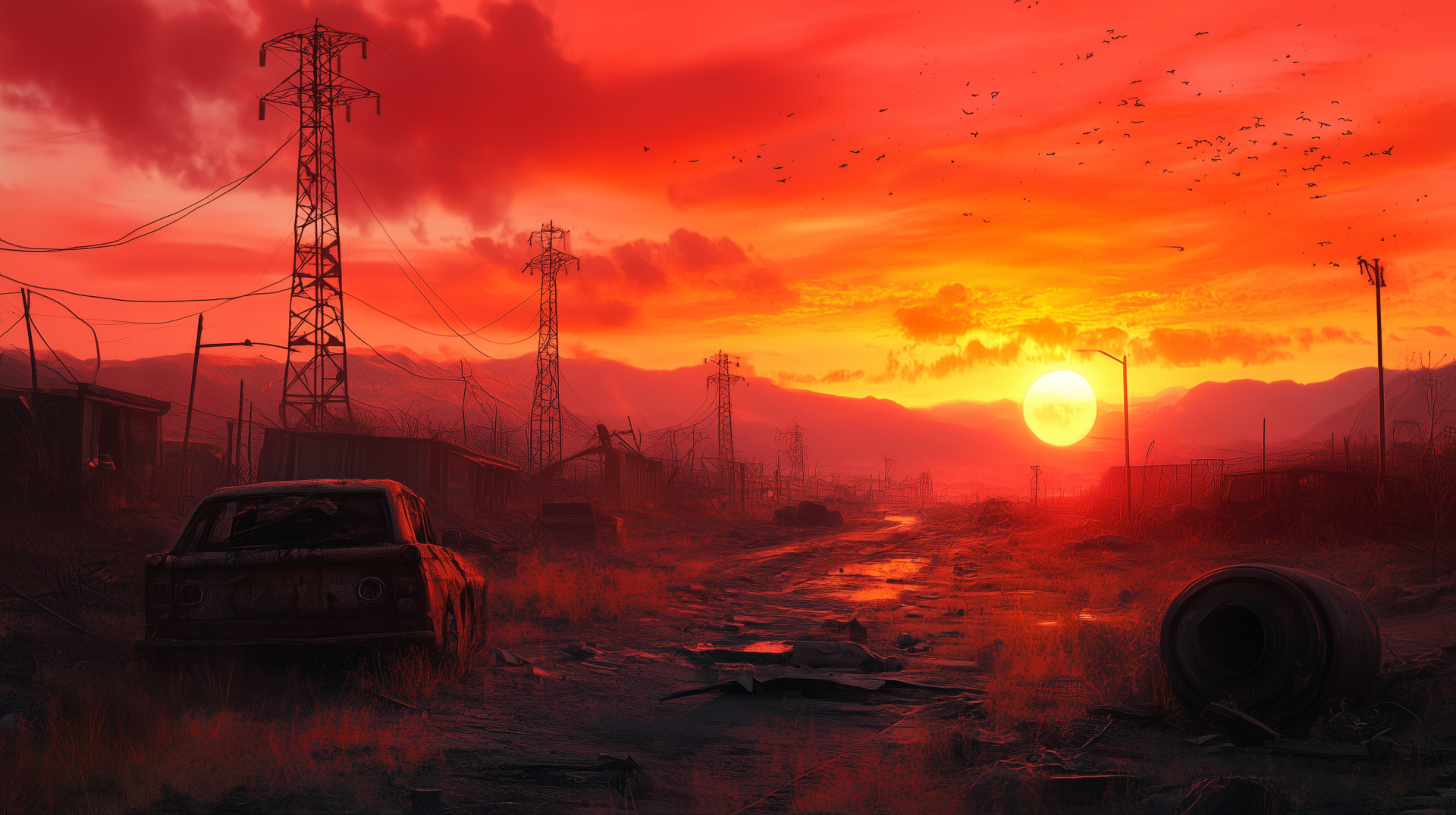 A vibrant post-apocalyptic landscape at sunrise, featuring silhouetted power lines and a deserted road, capturing the stark beauty of a new dawn amidst desolation.