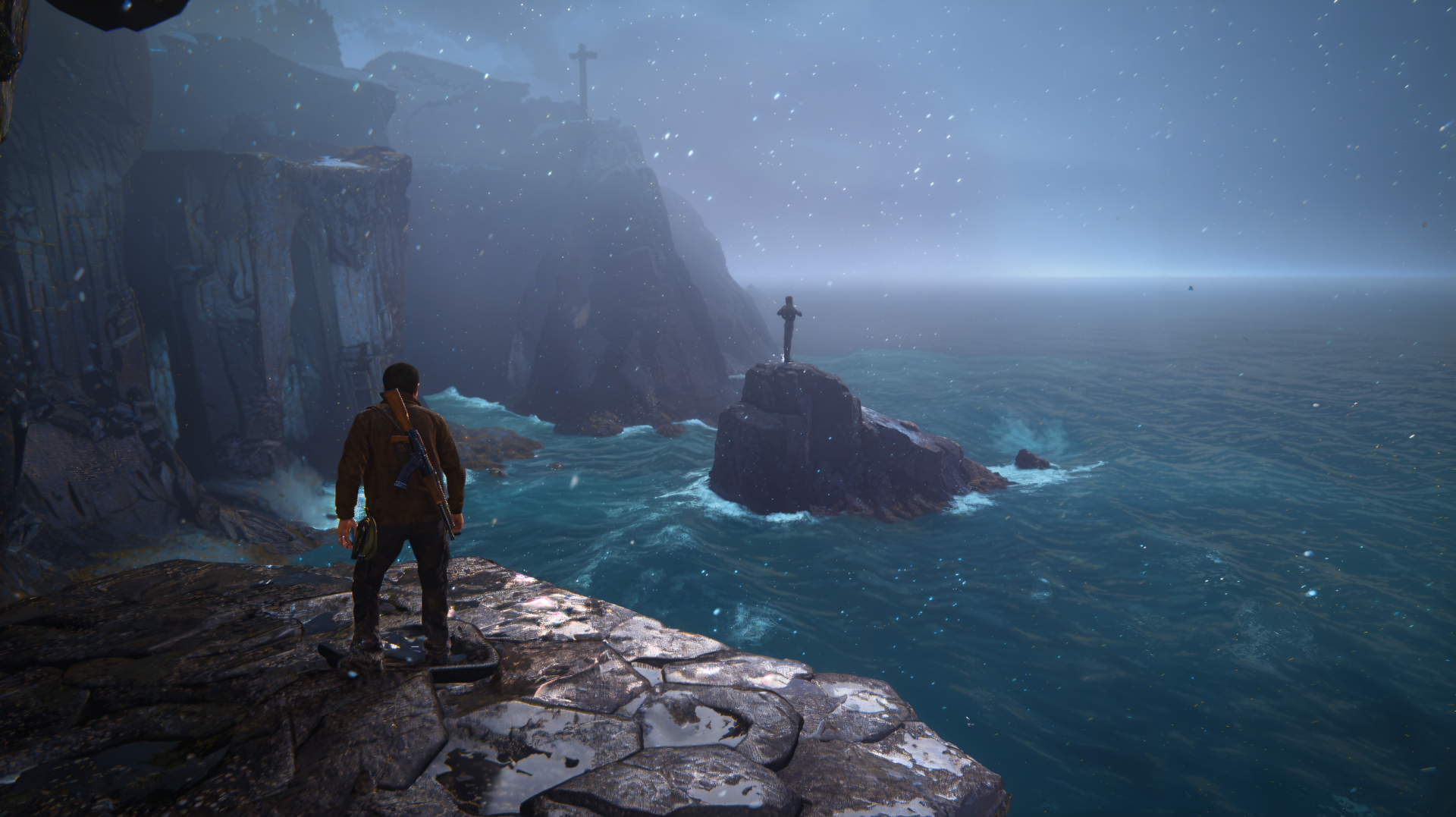 A stunning 4K Ultra HD wallpaper features a character from the video game Uncharted, standing on a cliff overlooking a dramatic ocean scene under a moody sky.