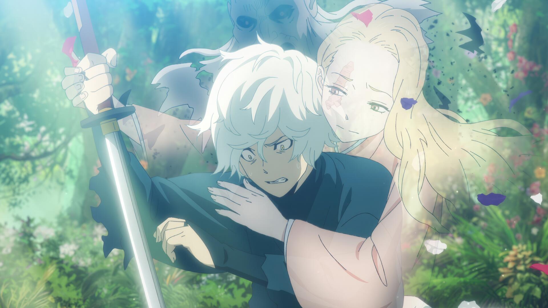 A 4K Ultra HD wallpaper featuring Gabimaru from Hell's Paradise, with a tense expression as a mysterious figure embraces him amidst a lush, vibrant background.