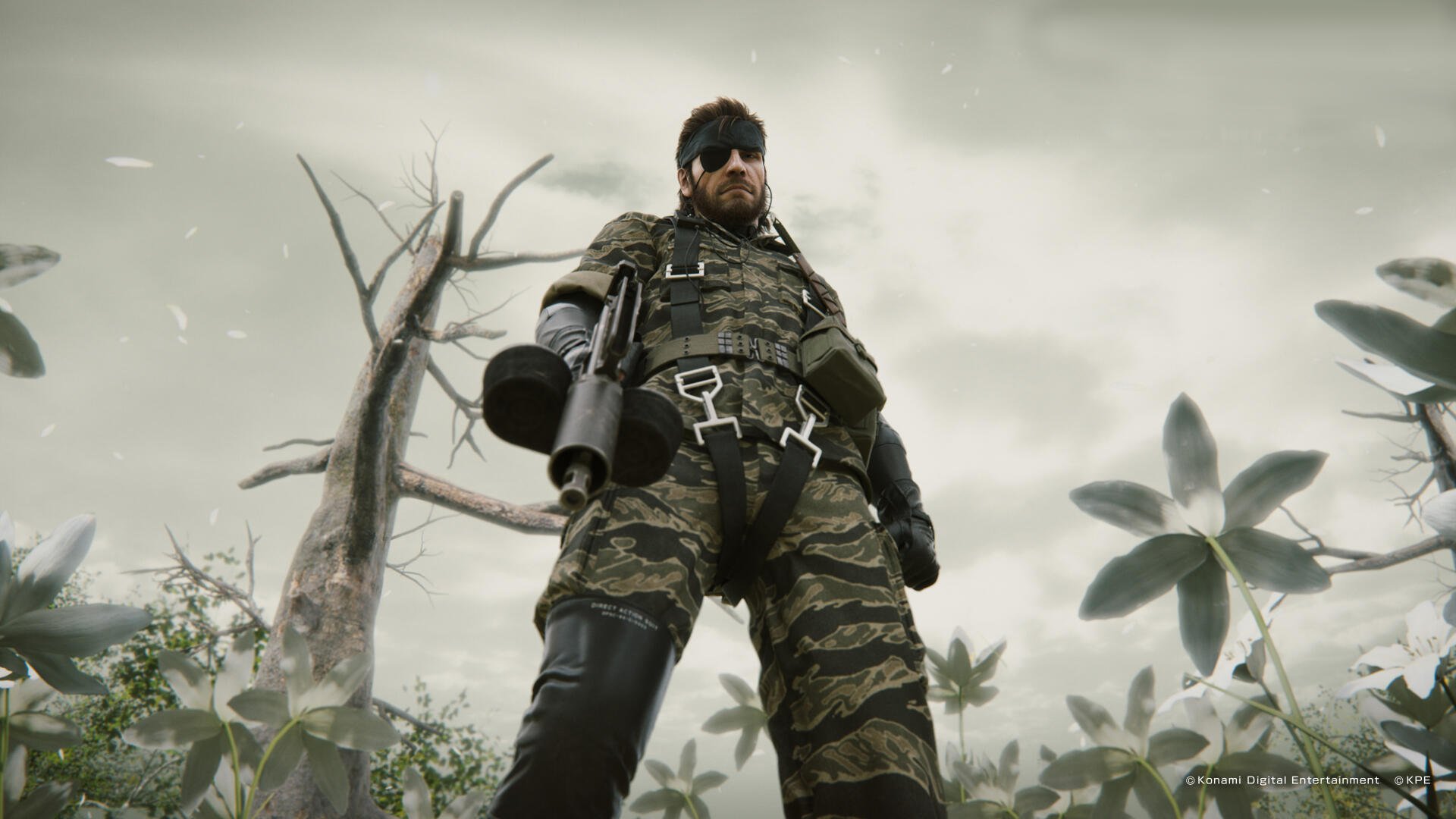 A striking 4K Ultra HD image of Big Boss from Metal Gear Solid 3: Snake Eater, featuring his iconic eye patch and military attire amid a mysterious, overcast backdrop.