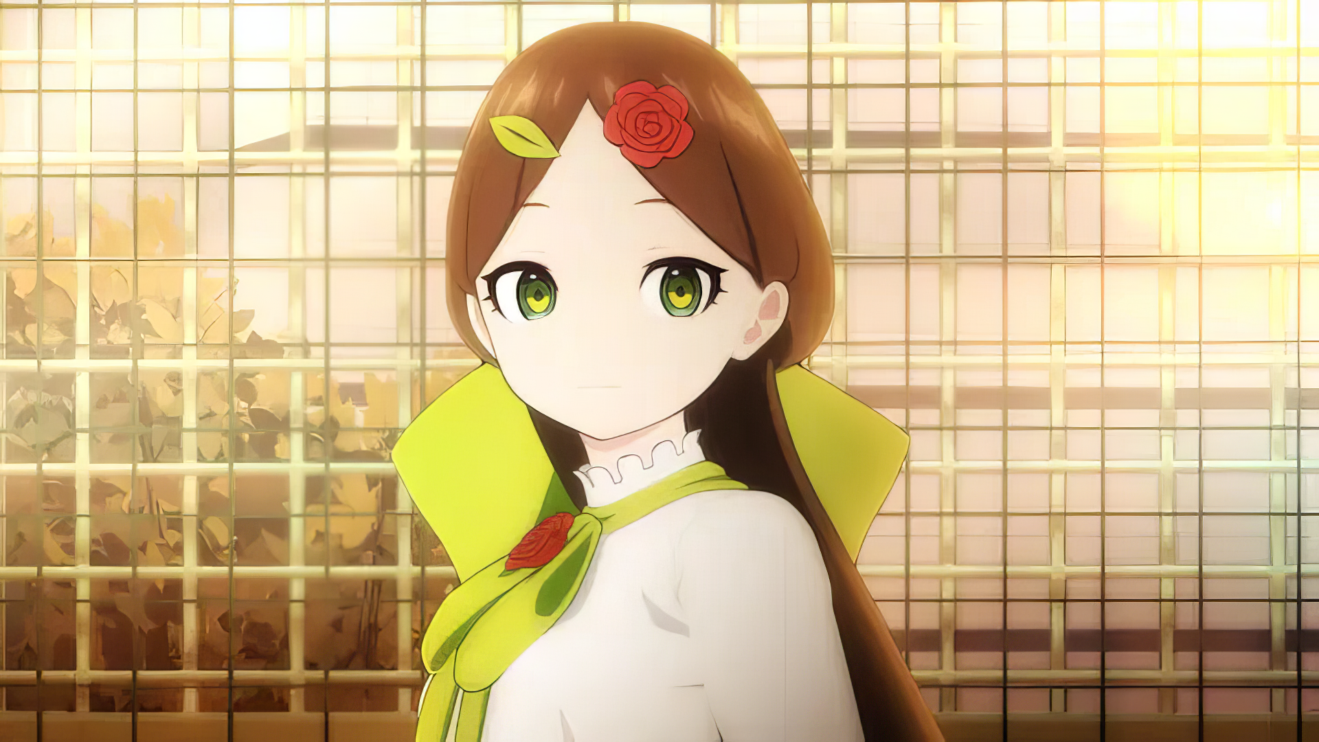 Anime-inspired HD wallpaper featuring a girl with green eyes and brown hair, adorned with a rose accessory, set against a grid background, themed around Murder Mystery of the Dead.
