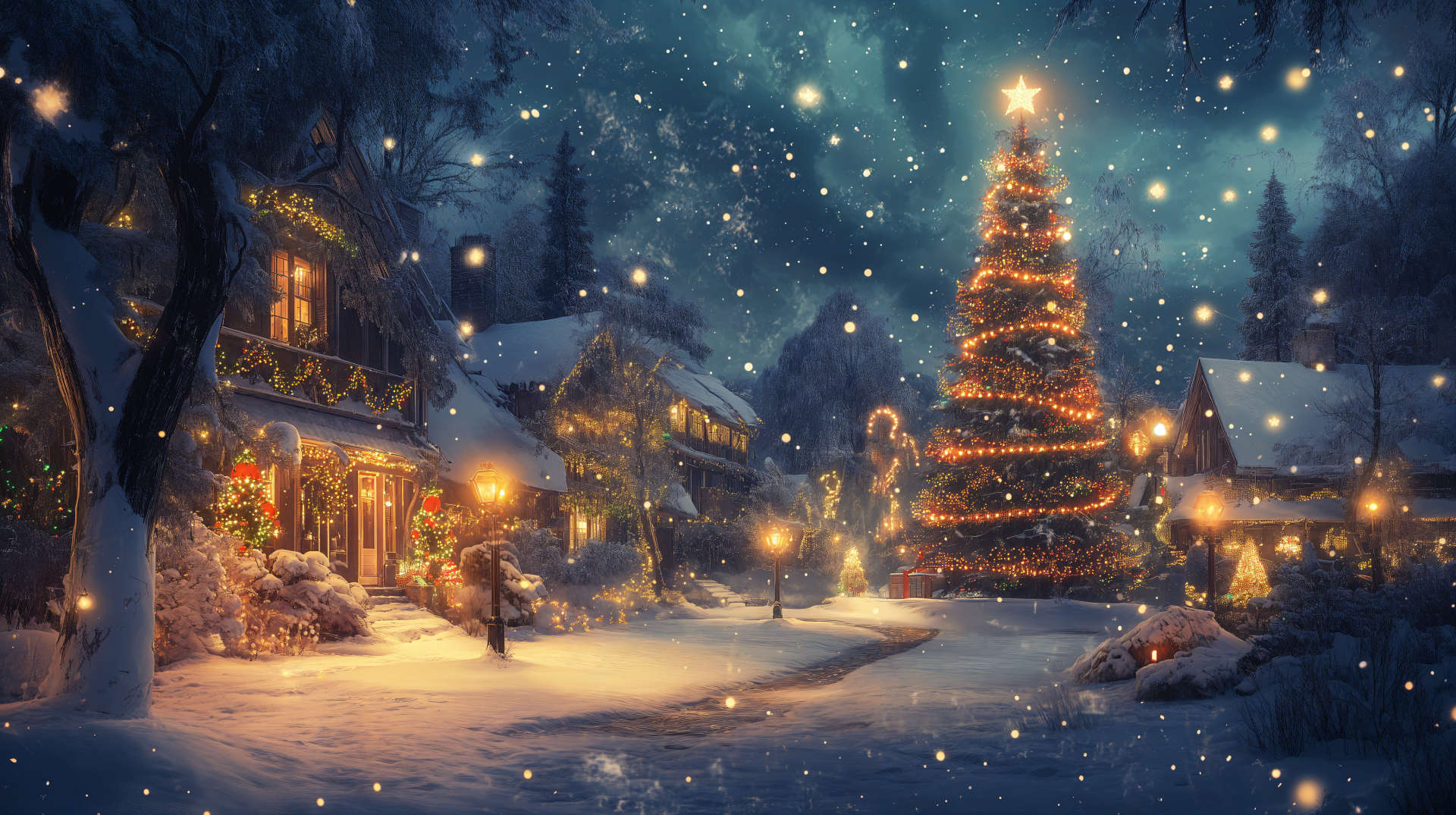 Aesthetic Christmas scene featuring a beautifully lit tree in a snowy village, complete with charming houses and softly glowing lampposts, all captured in stunning 4K Ultra HD.