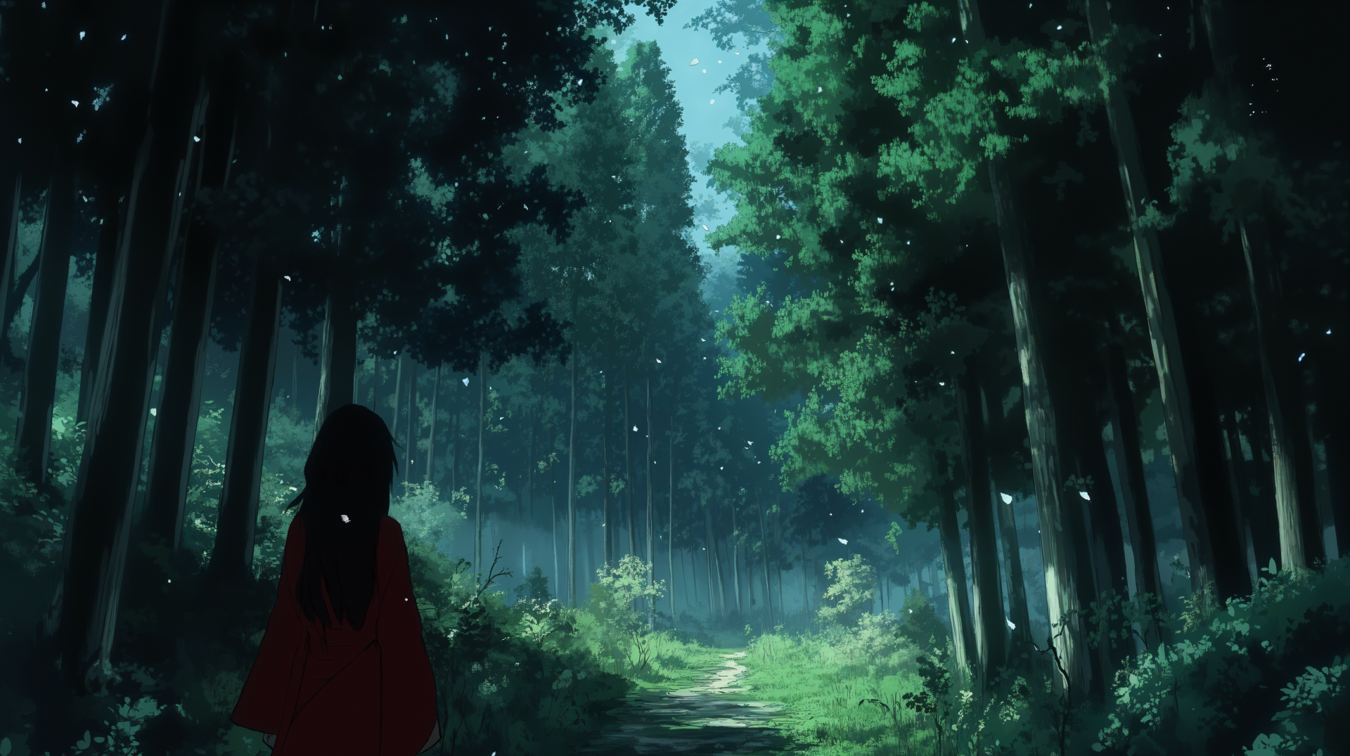Anime-style 4K Ultra HD desktop wallpaper featuring a girl standing in a lush, serene forest landscape bathed in soft, natural light.