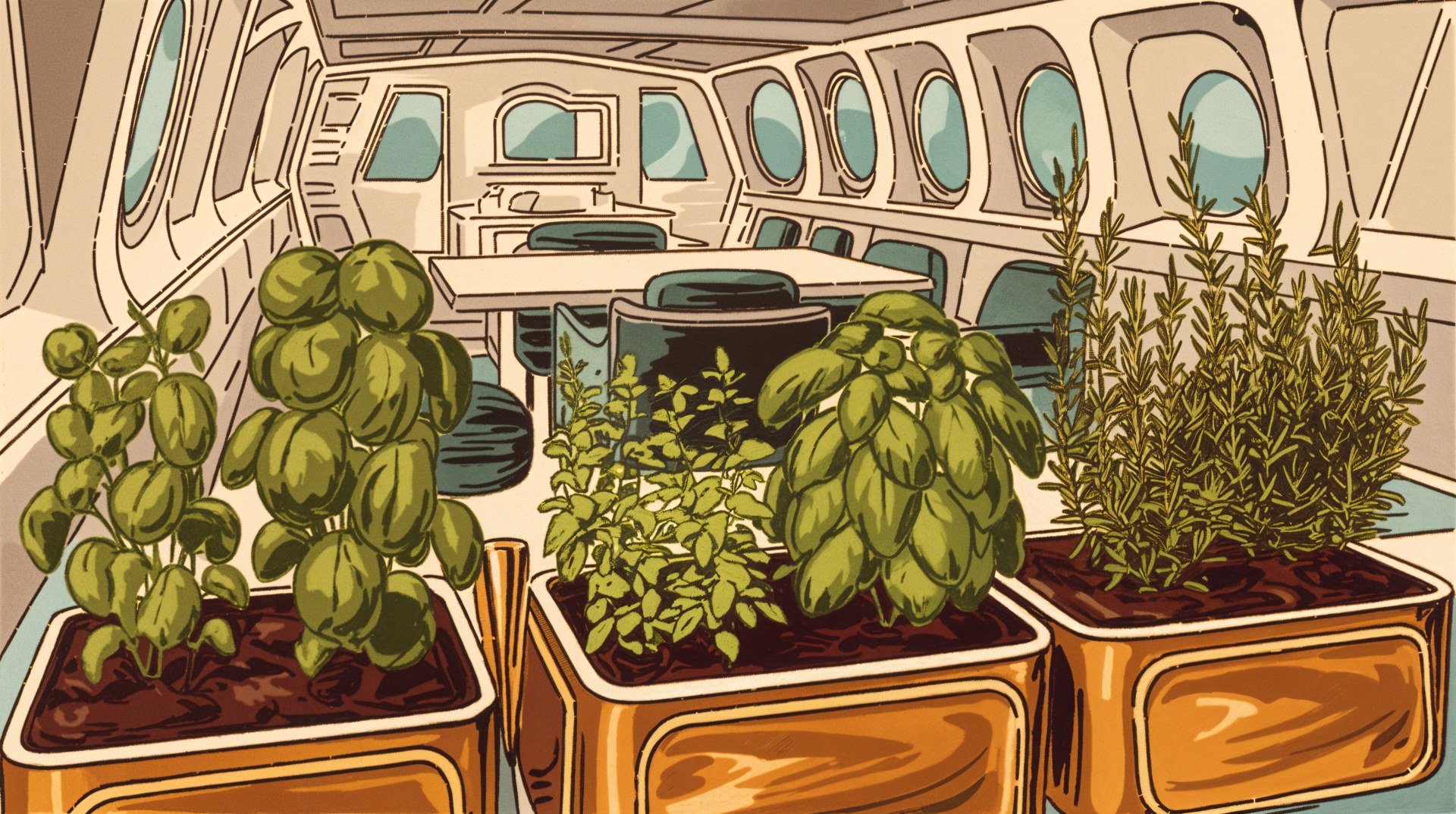 A vibrant herb garden with lush basil and rosemary fills the foreground of a stylish, well-lit indoor space featuring large windows. Captured in 4K Ultra HD for desktop wallpaper.