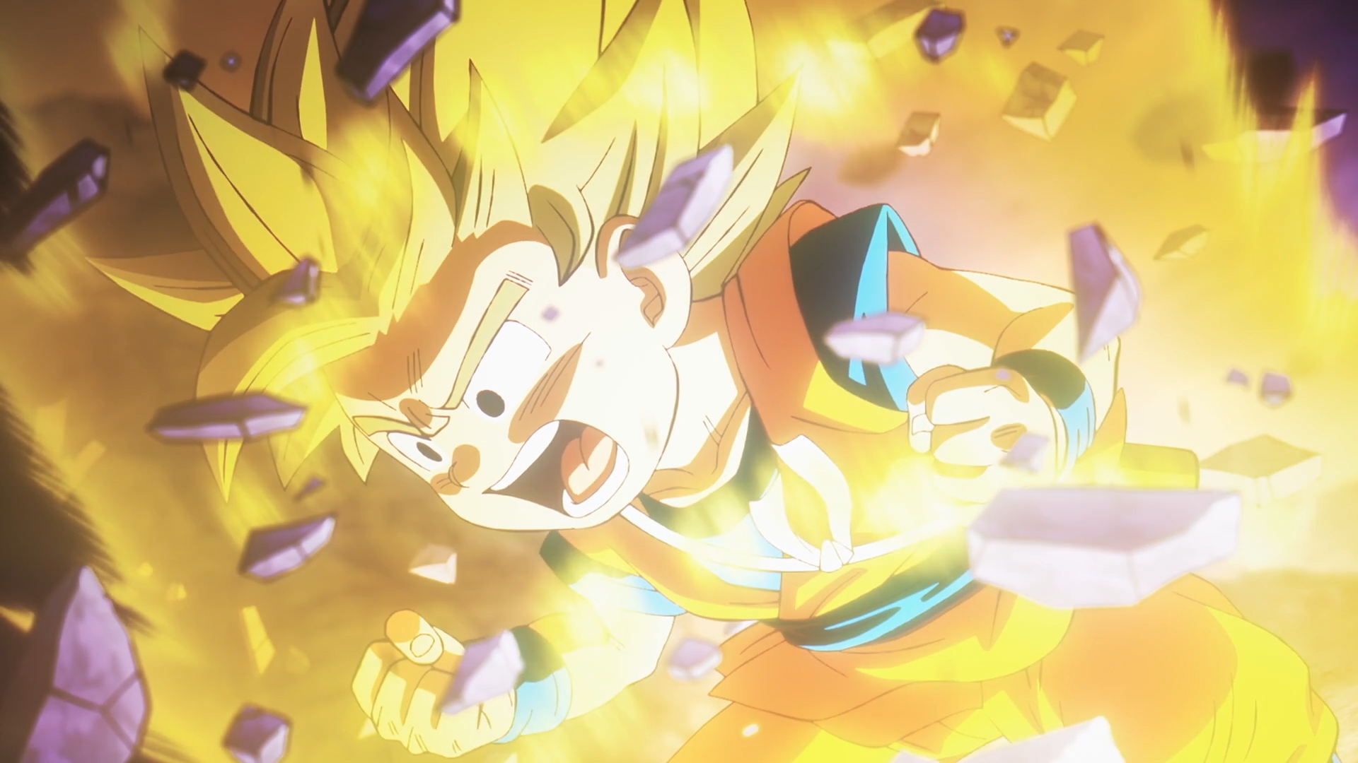 Anime HD desktop wallpaper of Goku from Dragon Ball DAIMA in Super Saiyan form, charging forward amid glowing energy and flying debris.