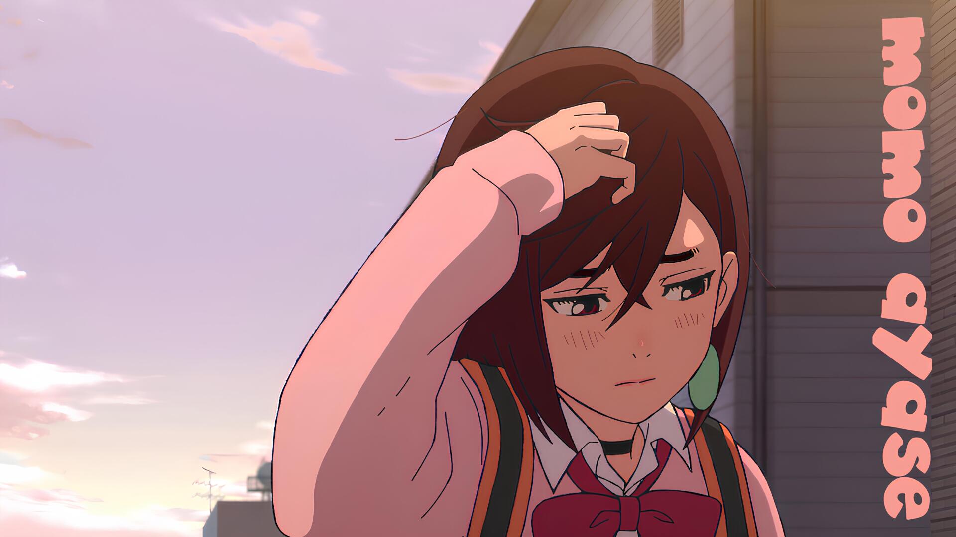 Anime-style 4K Ultra HD wallpaper of Momo Ayase from Dandadan, featuring a sad expression in an aesthetic anime setting.