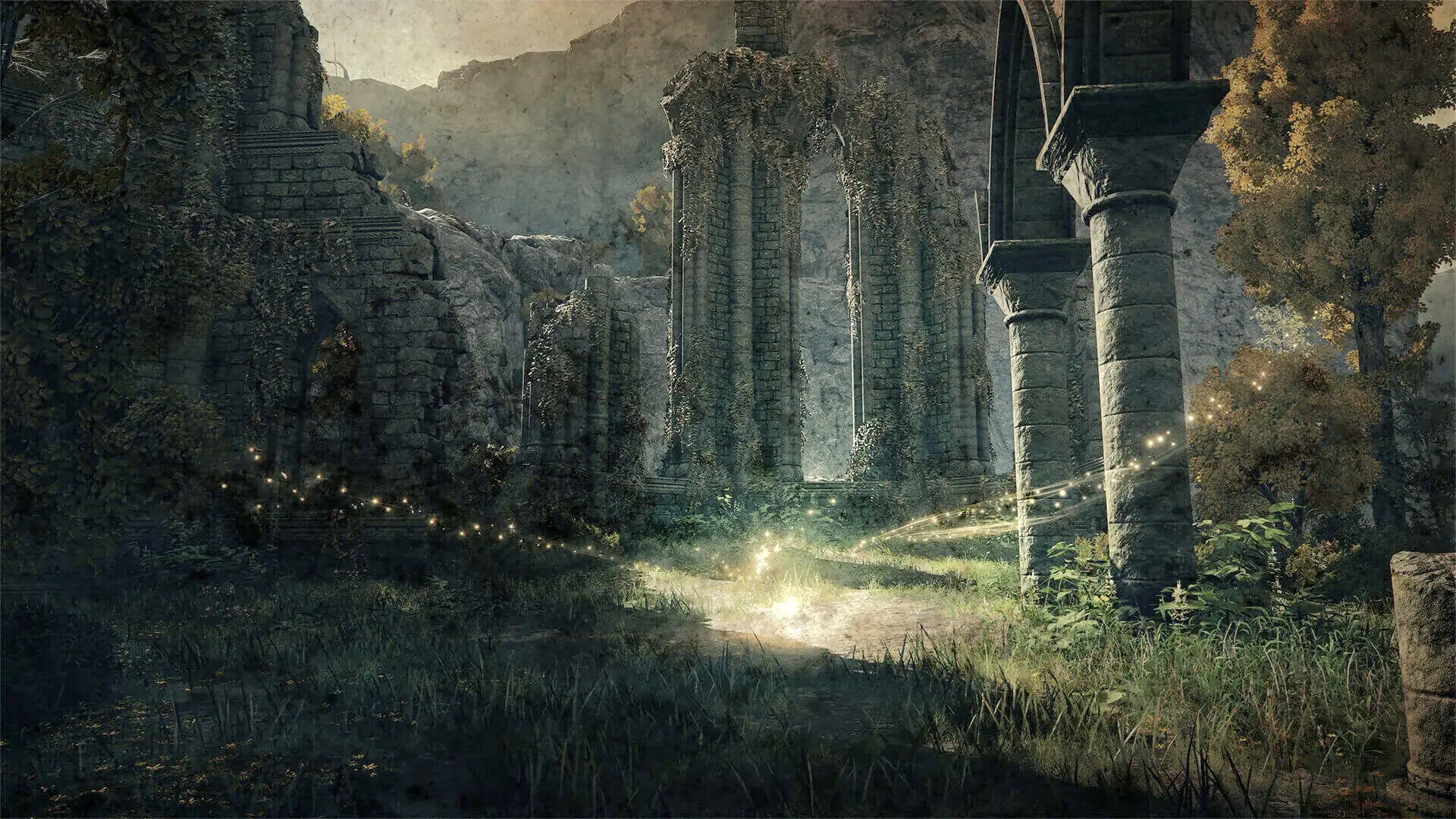 HD PC desktop wallpaper featuring a mystical, ruined stone structure bathed in soft light from the game Elden Ring.