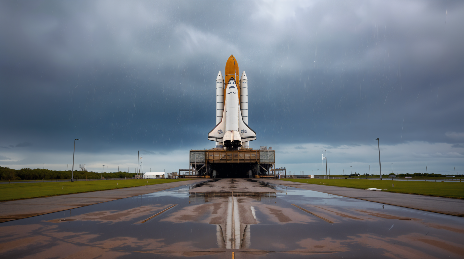 A space shuttle stands poised on the launch pad, surrounded by dramatic gray clouds, reflecting in the wet surface below. This stunning image captures the essence of space exploration in 4K Ultra HD.