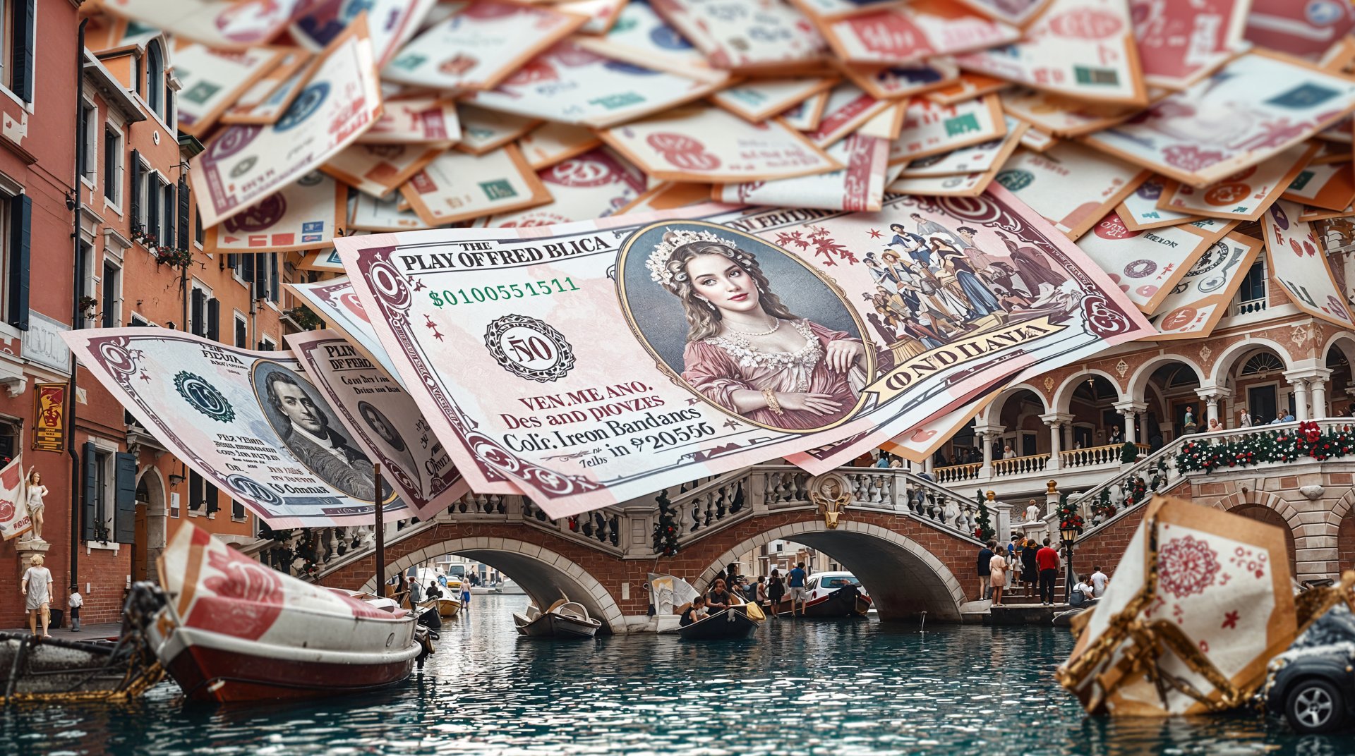 A vibrant PC desktop wallpaper featuring pink currency floating above a picturesque canal scene with a historic bridge and boats, capturing a whimsical blend of finance and beauty.
