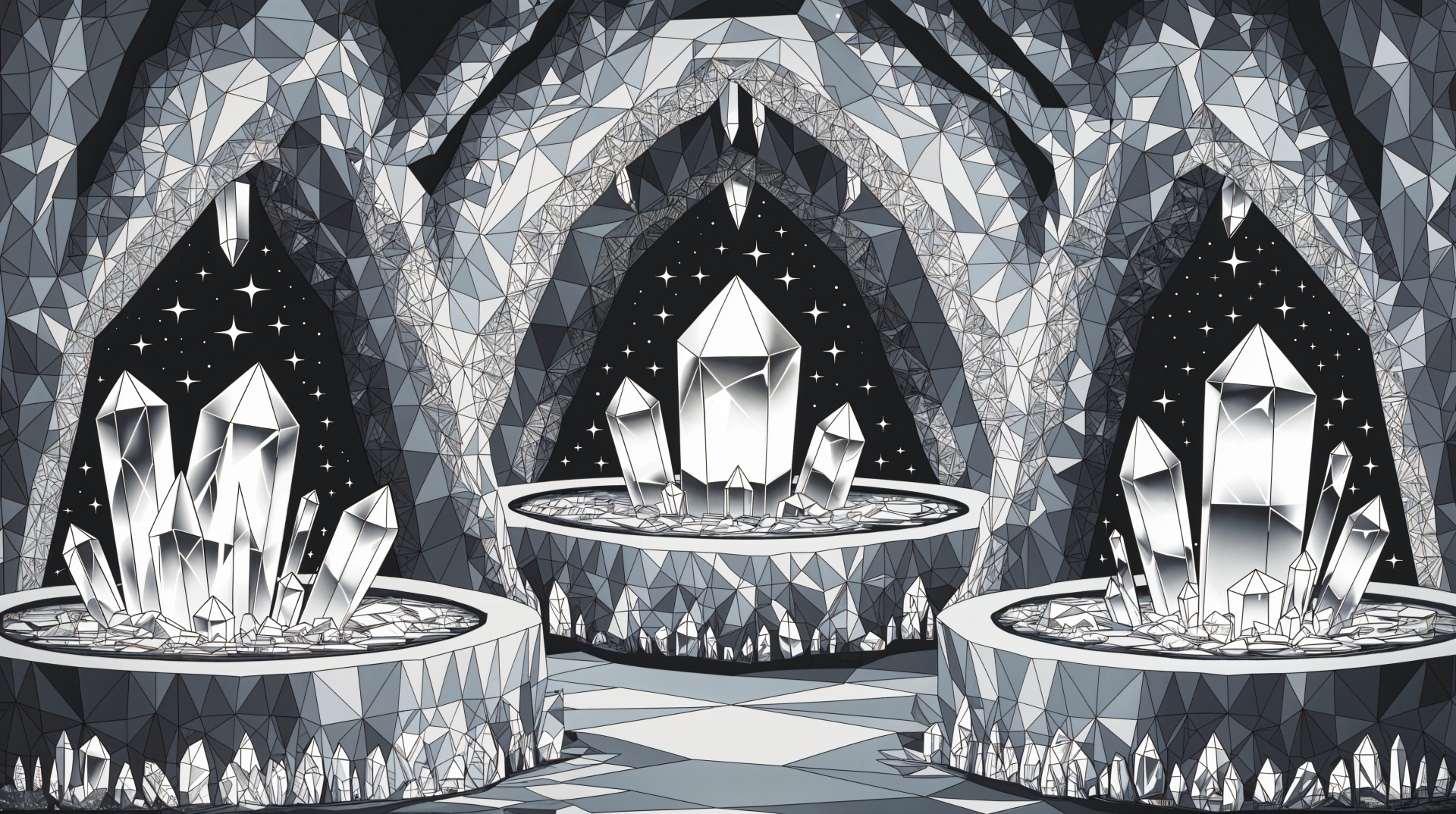 A striking crystal cave featuring shimmering crystals in various shapes, set against a starry backdrop. This 4K Ultra HD image serves as an enchanting PC desktop wallpaper.