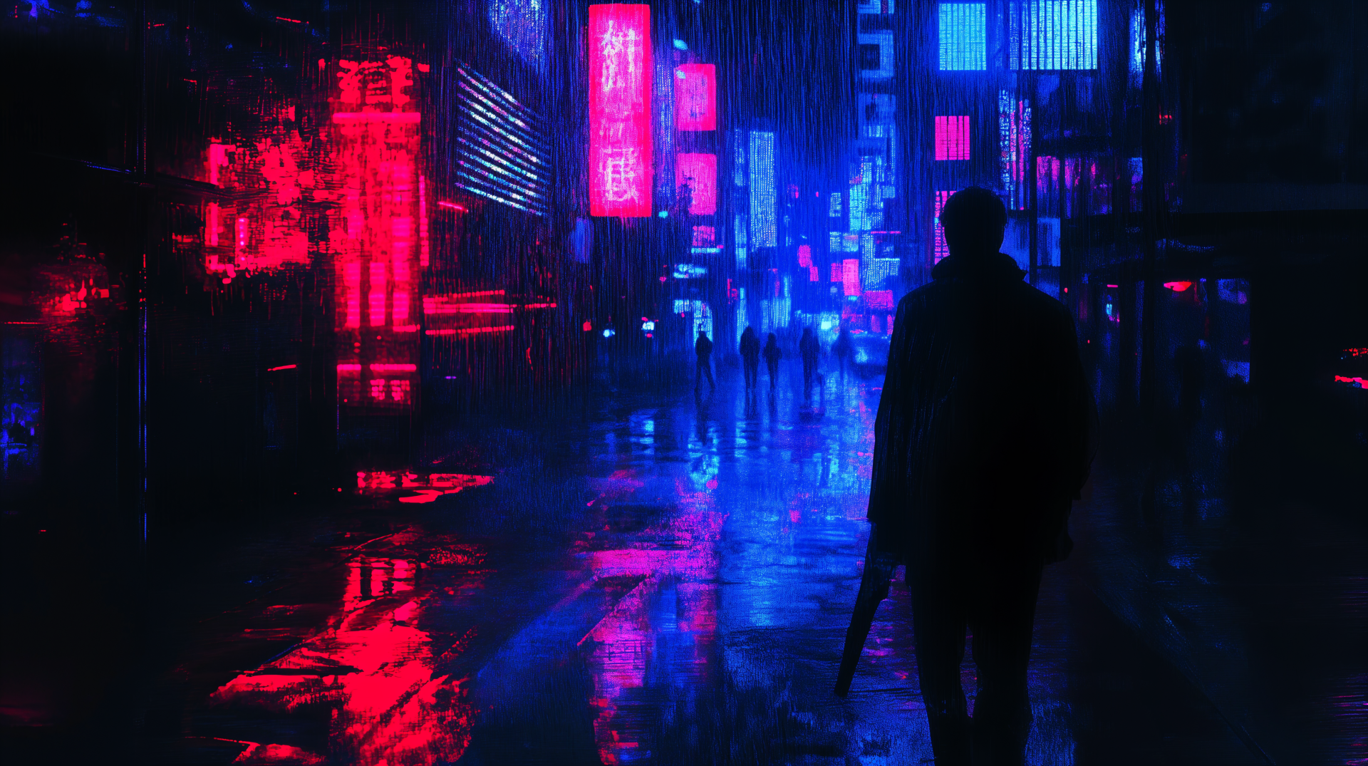 A shadowy figure walks through a vibrant neon-lit cityscape, with glowing pink and blue signs reflecting on wet pavement, capturing the essence of neon noir in stunning 4K Ultra HD.