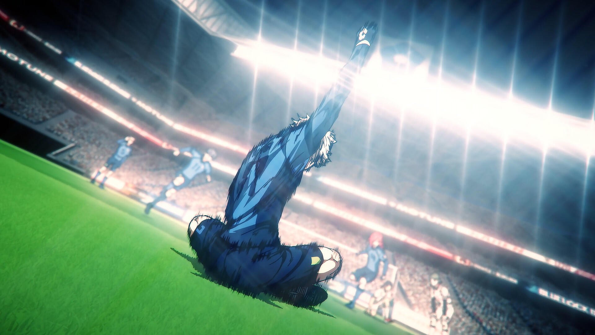 A dynamic HD desktop wallpaper featuring Seishiro Nagi from the anime Blue Lock, captured in a thrilling moment on the field with bright stadium lights illuminating the scene.