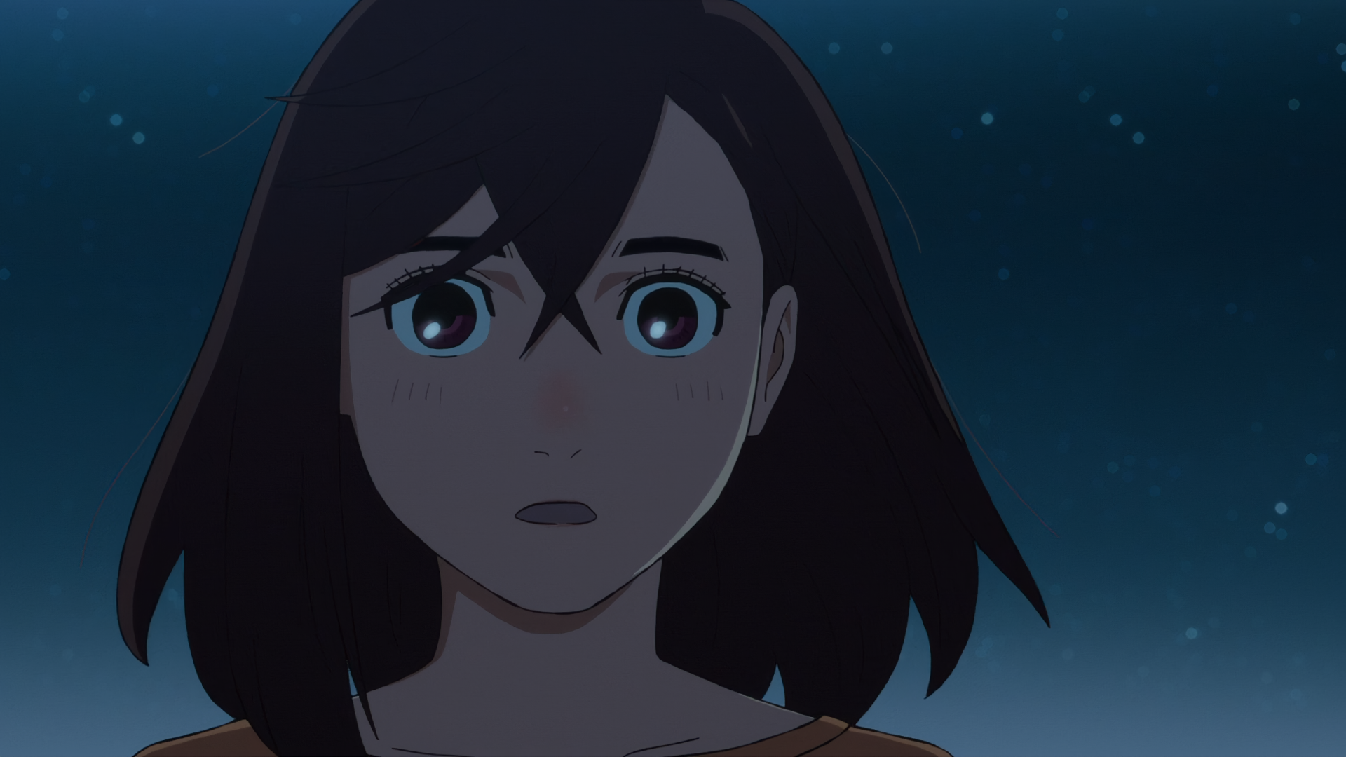 A stunning HD desktop wallpaper featuring Momo Ayase from the anime Dandadan, capturing her expressive face against a dark, starry background.