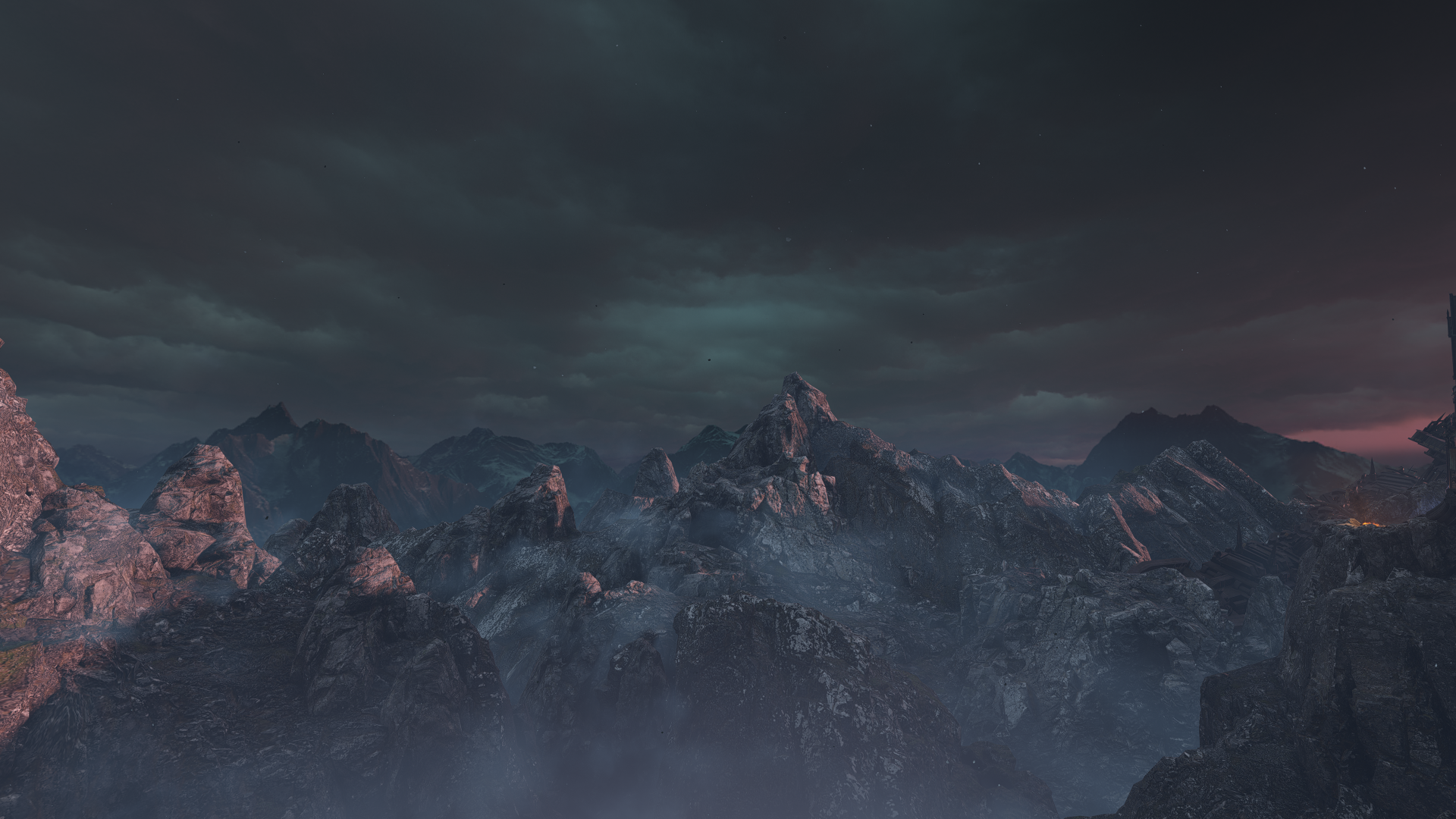 A dramatic mountain landscape shrouded in fog, inspired by Warhammer 40K: Space Marine 2, presented in stunning 4K Ultra HD resolution.