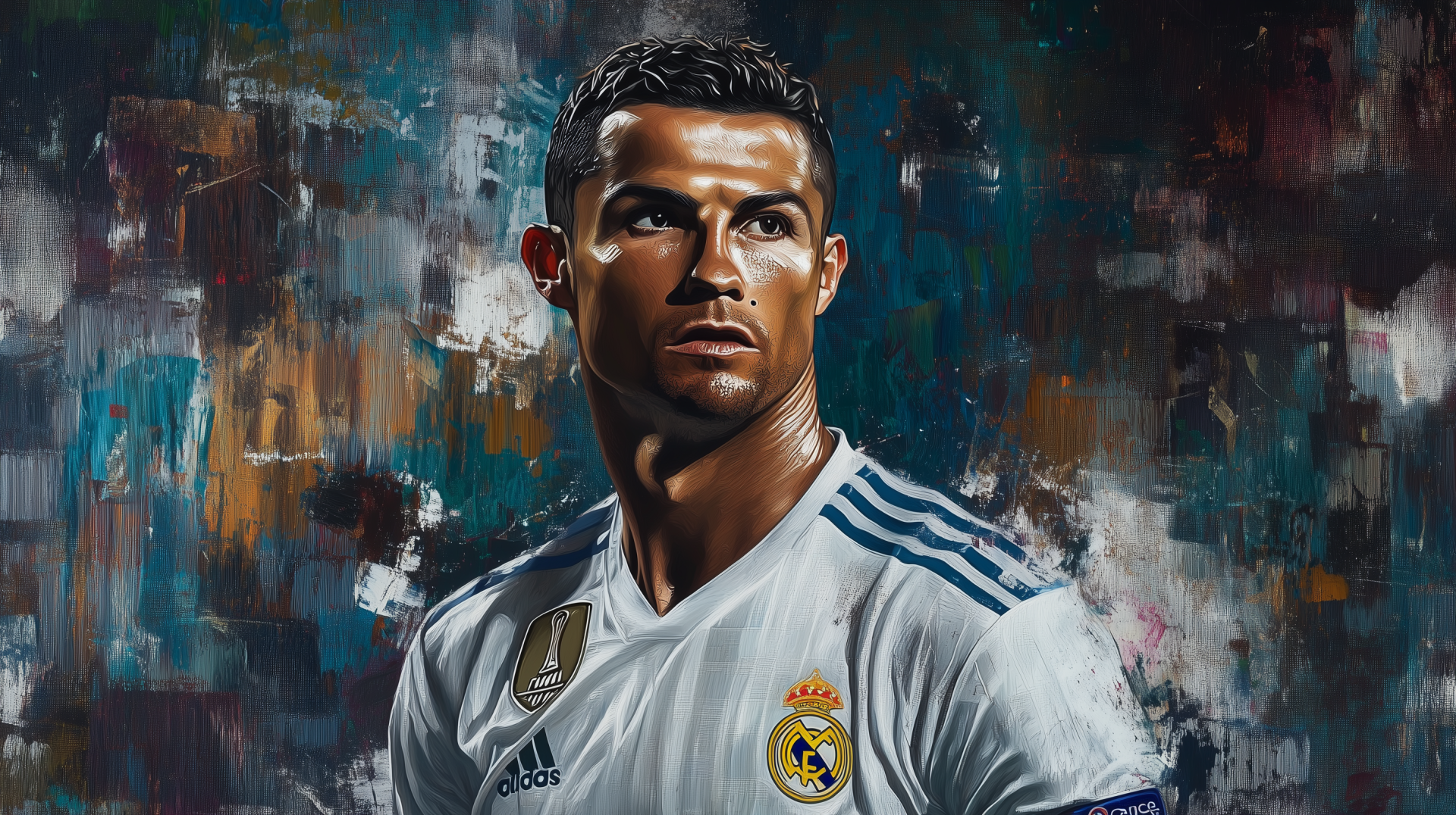 HD desktop wallpaper featuring Cristiano Ronaldo in a Real Madrid C.F. jersey, set against a vibrant, abstract background, celebrating his iconic presence in soccer.