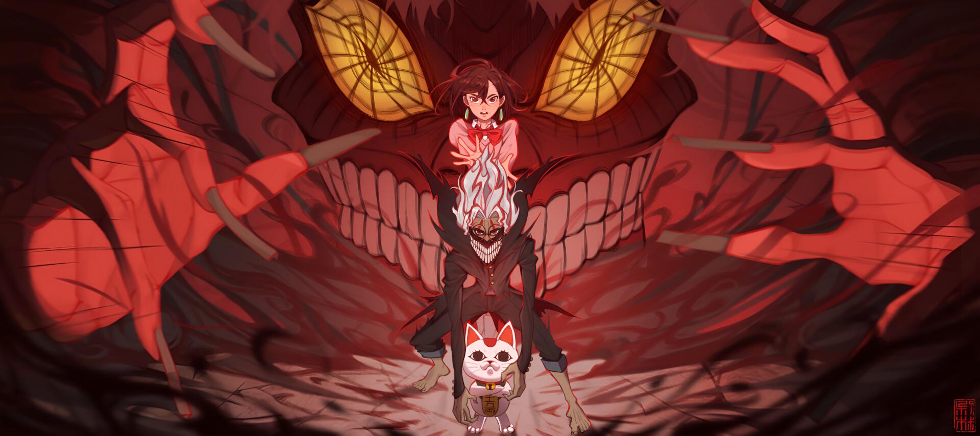 HD anime wallpaper featuring characters Momo Ayase, Ken Takakura, and Turbo Granny from Dandadan, set against a dark, ominous background with a large menacing face.