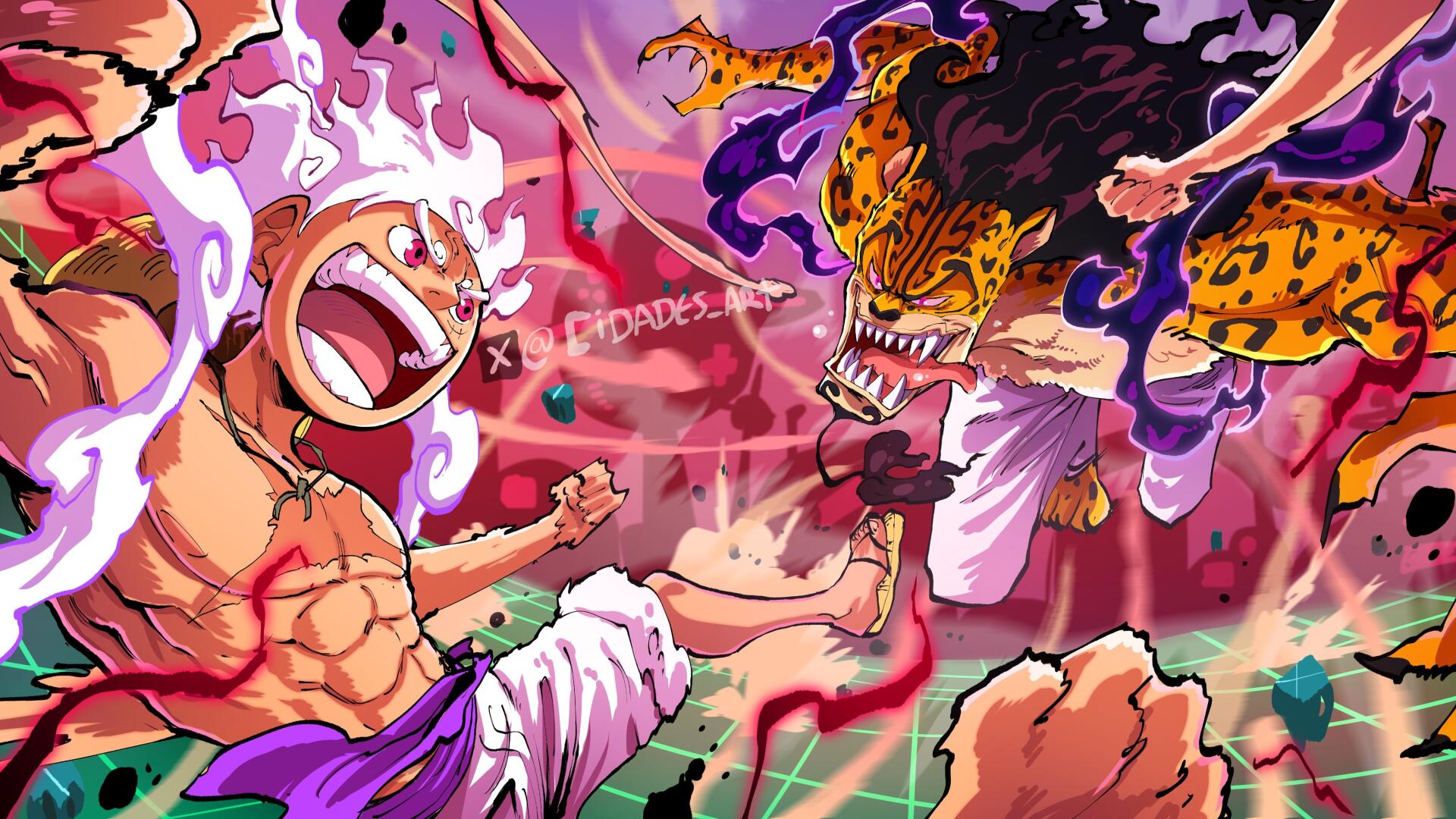 Vibrant 4K Ultra HD anime wallpaper featuring One Piece’s Monkey D. Luffy in Gear 5 form clashing fiercely with Rob Lucci.