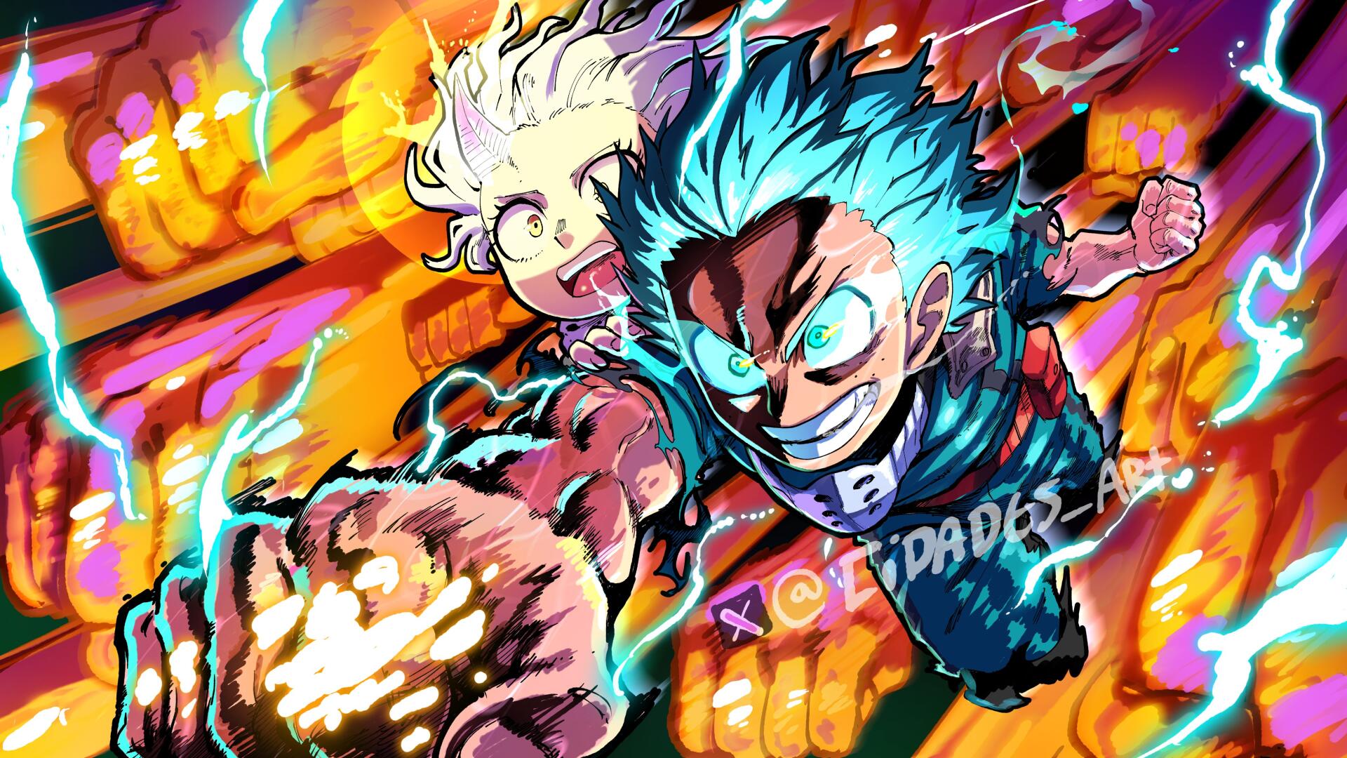 Dynamic 4K Ultra HD desktop wallpaper featuring anime characters Eri and Izuku Midoriya from My Hero Academia in vibrant action-packed style.