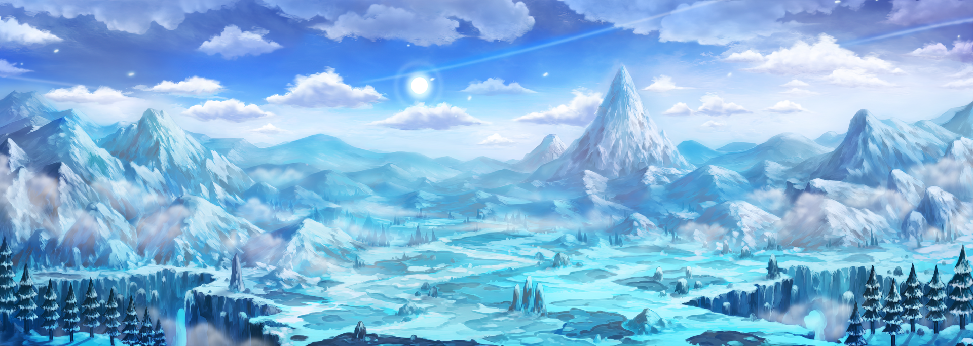 HD PC desktop wallpaper from the video game Guardian Tales, featuring a vast icy landscape with a towering mountain under a bright blue sky.