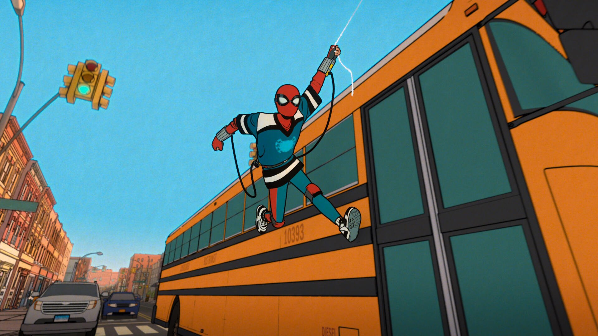 A vibrant 4K Ultra HD wallpaper featuring Spider-Man swinging confidently past a yellow school bus against a clear blue sky, capturing the spirit of Your Friendly Neighborhood Spider-Man.