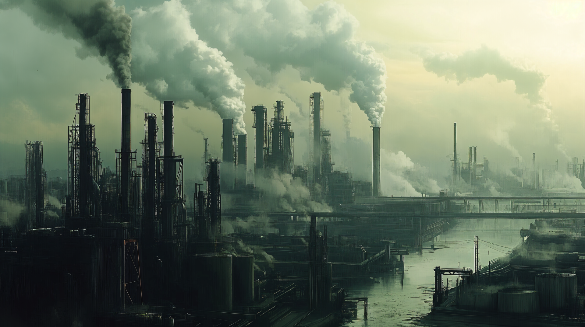 An industrial landscape depicting pollution, featuring towering smokestacks and billowing smoke over a river, captured in stunning 4K Ultra HD for a bold desktop background.