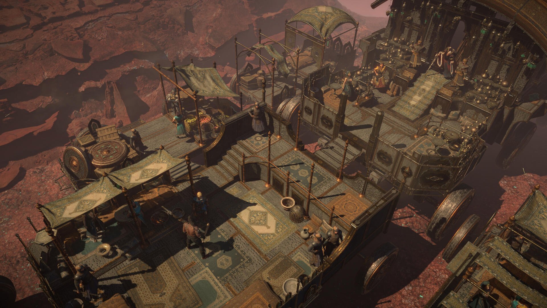 An HD desktop wallpaper featuring a detailed scene from *Path of Exile 2*, showcasing an intricate environment with characters and structures set in a unique, atmospheric landscape.