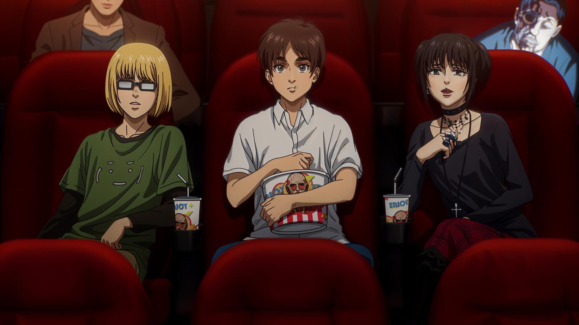 Three characters from Attack on Titan: The Last Attack sit in a theater, enjoying a movie. Eren Yeager holds popcorn, with Armin Arlert and Mikasa Ackerman by his side, immersed in the film.