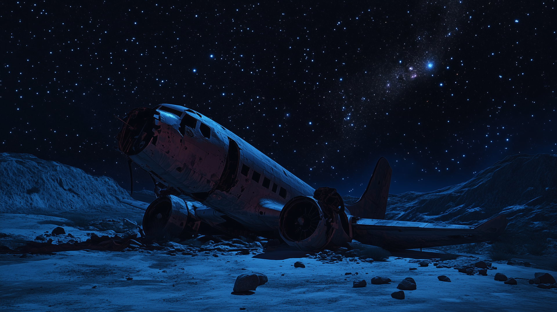 A dramatic scene of a crashed airplane under a starry night sky, set against a backdrop of twinkling stars, creating a haunting yet captivating atmosphere.